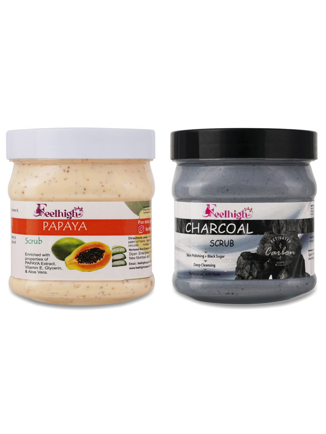 FEELHIGH Set Of 2 Charcoal & Papaya Scrub For Face & Body Exfoliators 500 ml Each