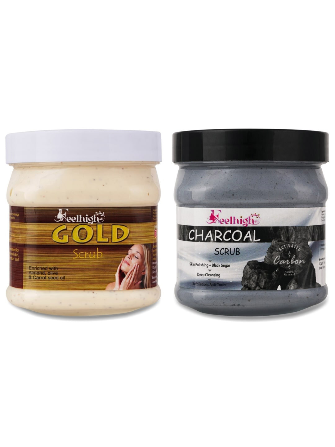 FEELHIGH Set Of 2 Charcoal & Gold Scrub For Face & Body Exfoliators 500 ml Each