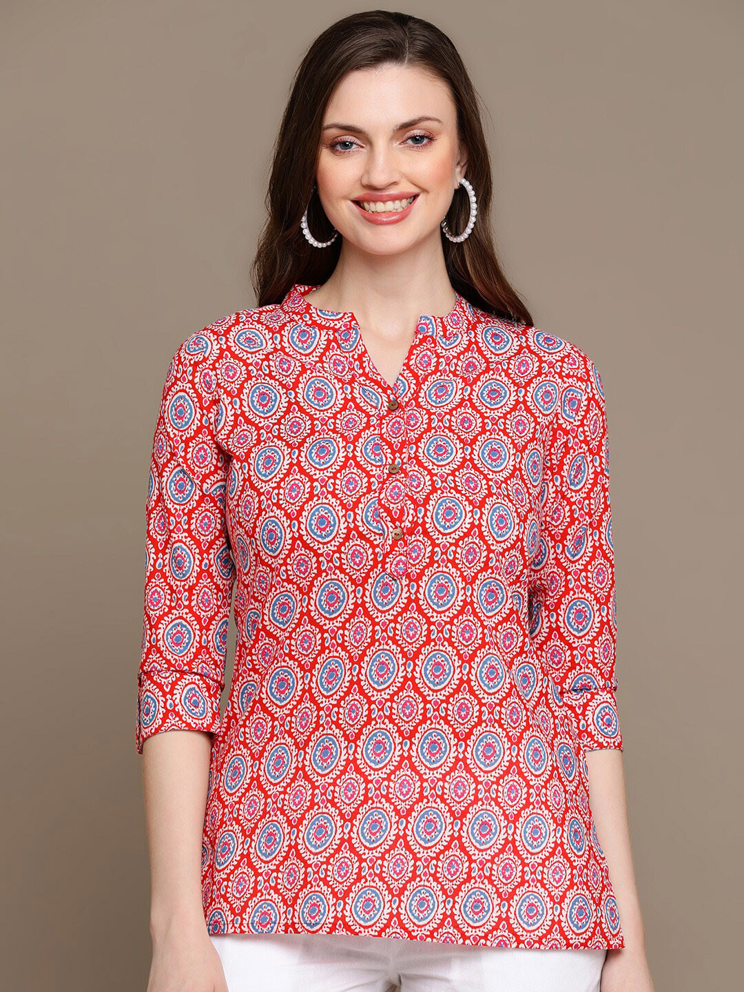HERE&NOW Red & White Ethnic Motif Printed Pure Cotton Short Kurti