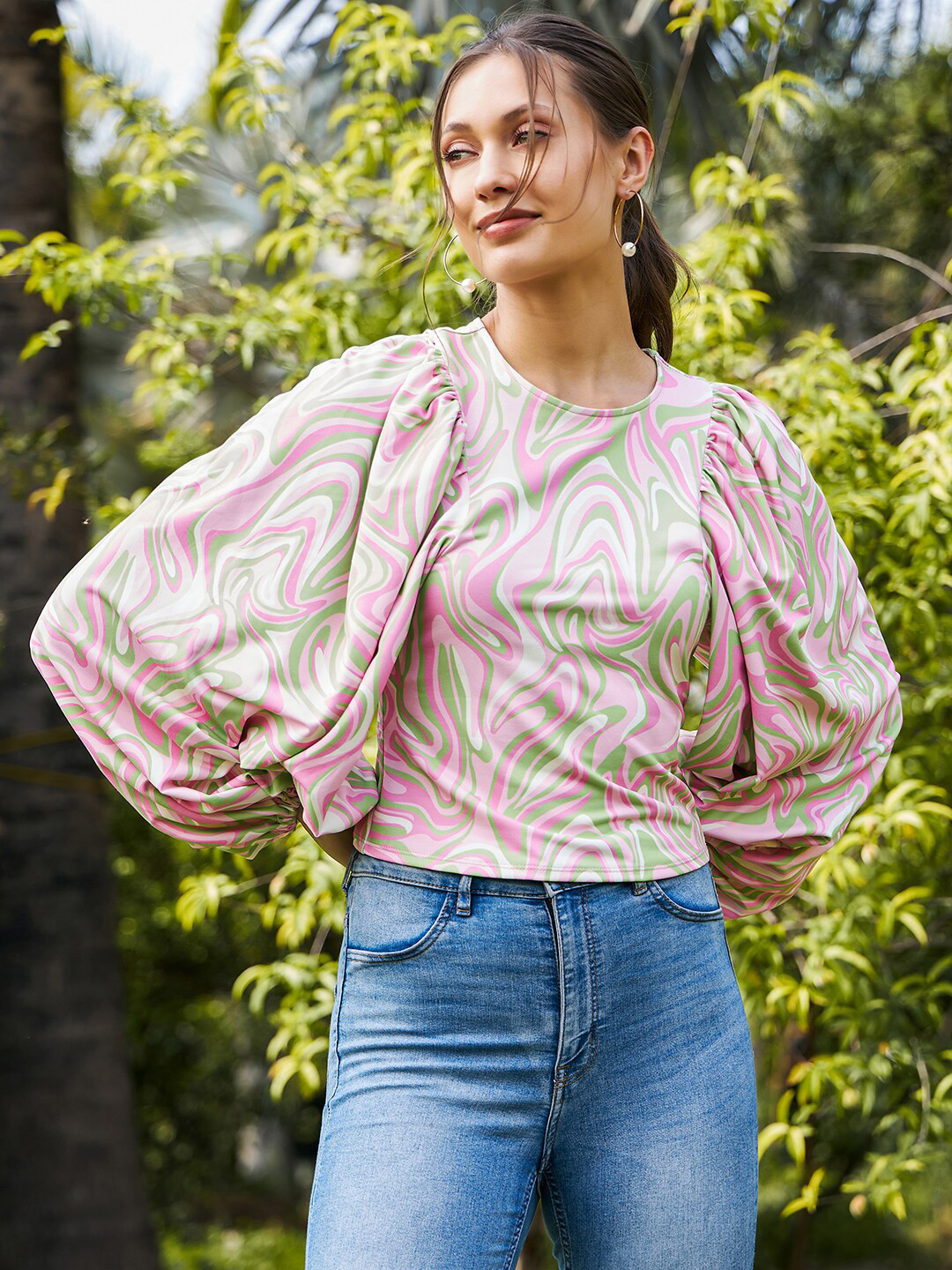 KASSUALLY Pink Abstract Printed Bishop Sleeves Top