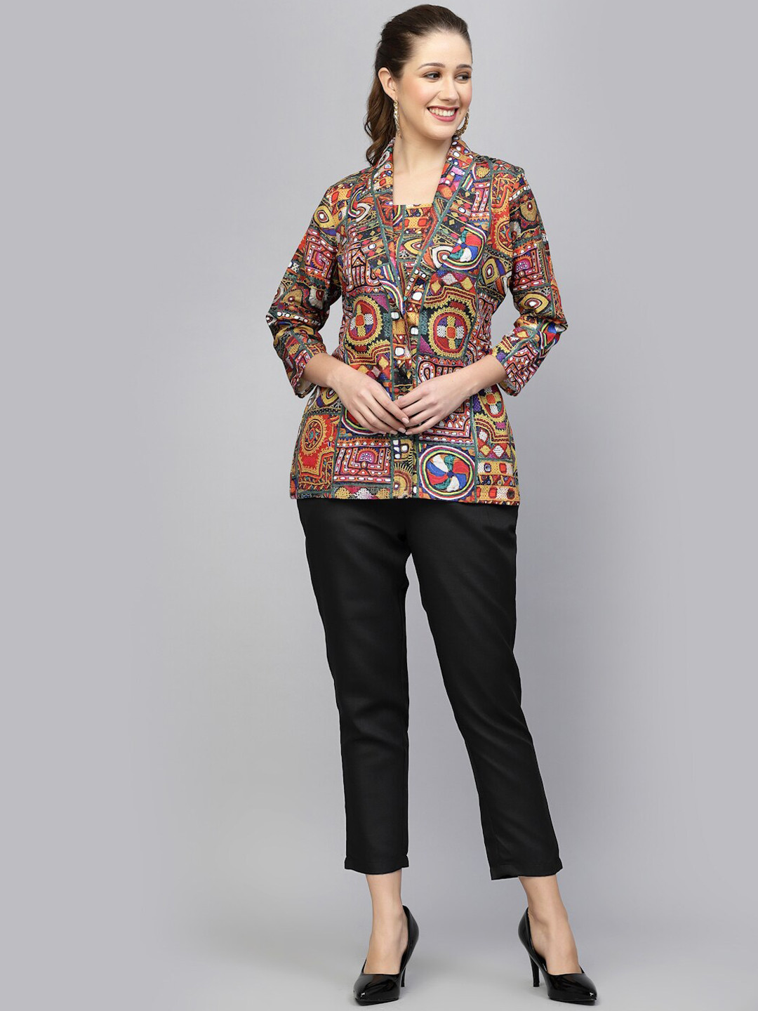 Get Glamr Ethnic Printed Crop Top And Trousers With Jacket