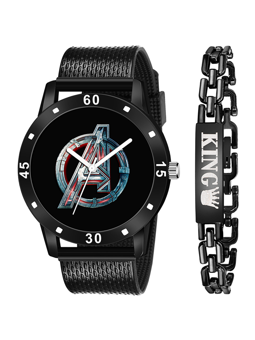 CERO Men Pack Of 2 Printed Analogue Watch & Bracelets C-Com-Avenger-King-Black