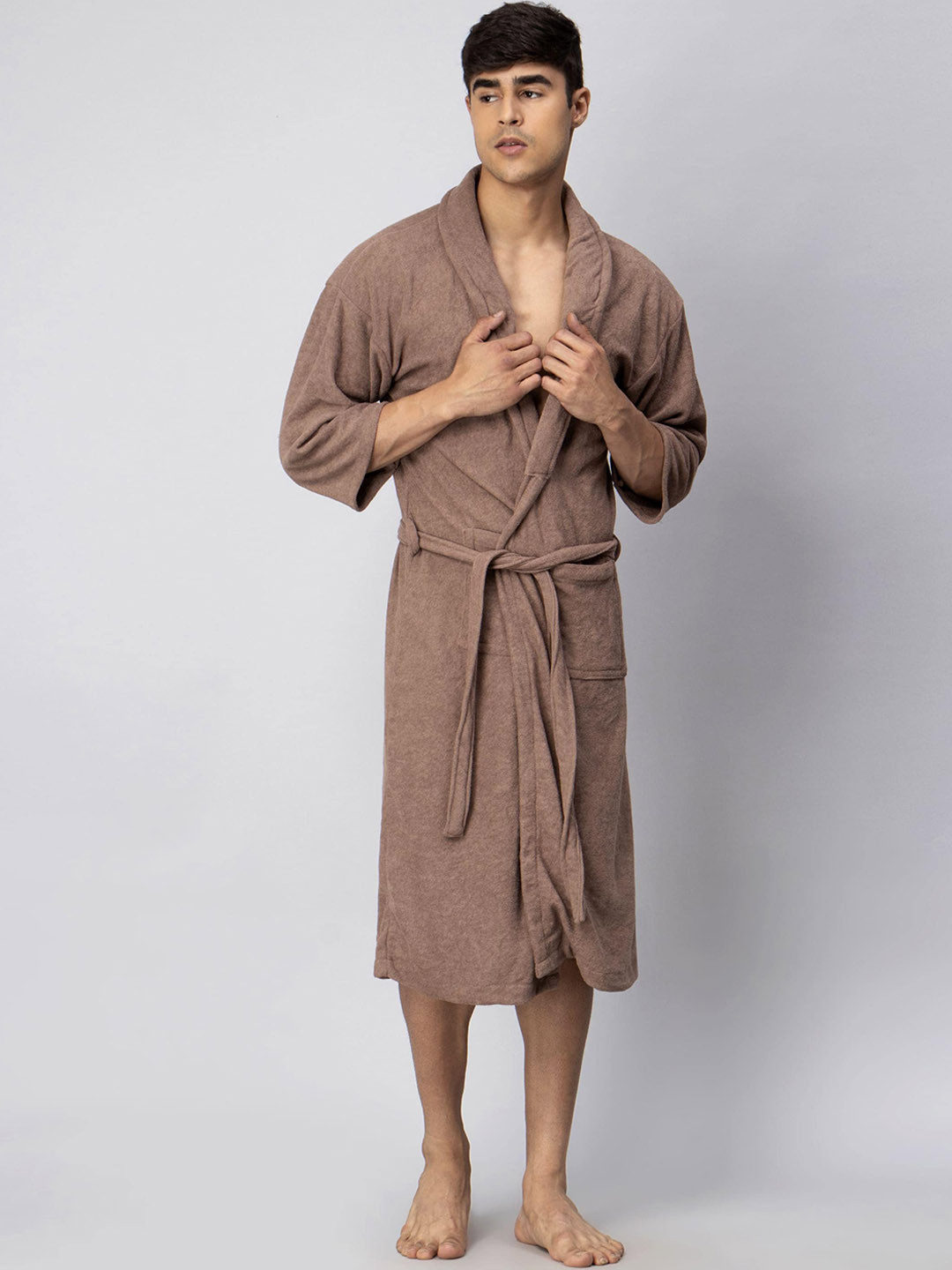 LacyLook Double Brown Solid Cotton Drawstring Knee Length Bath Robe-M