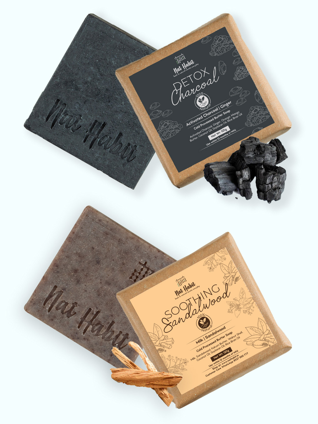 Nat Habit Butter Set Of 2 Detox Charcoal Soothing Sandalwood Soap Bars-125gm Each