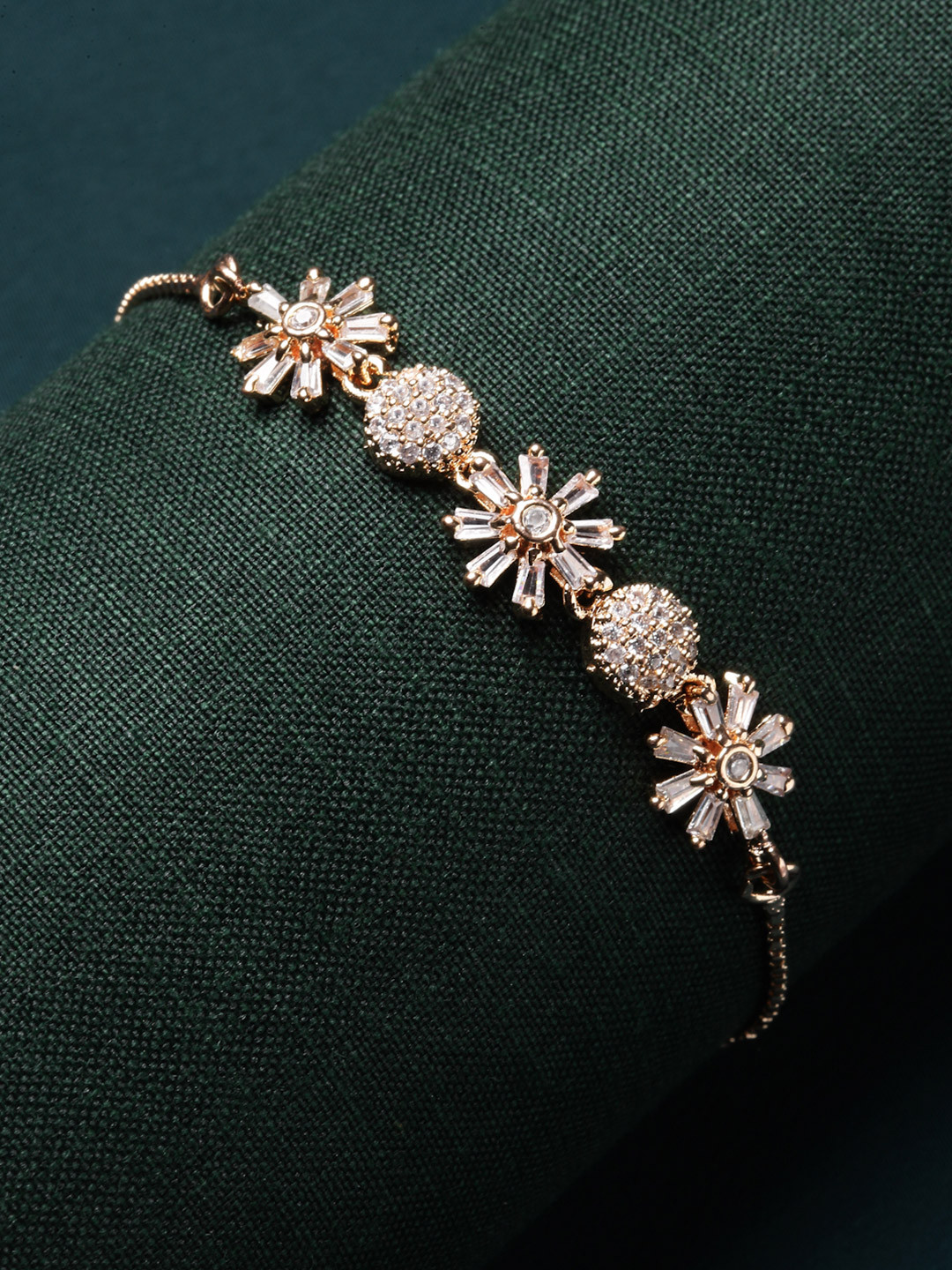 ZENEME Rose Gold -Plated Floral & Round AD Studded Wraparound Bracelet