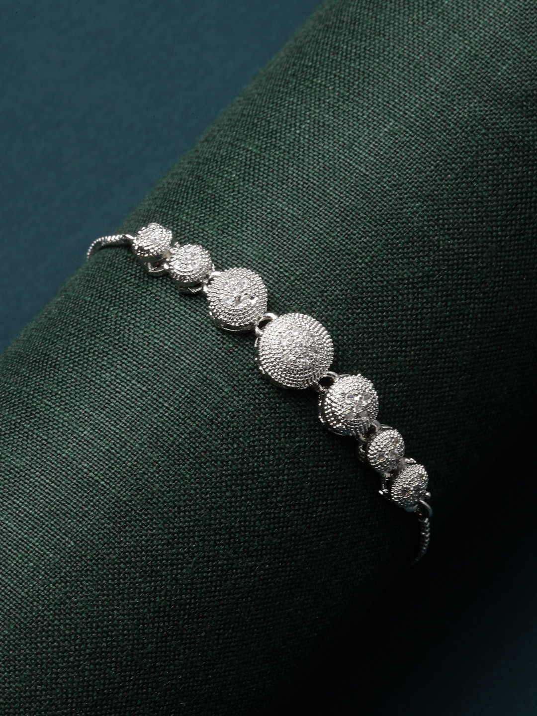 ZENEME Rhodium-Plated Silver Toned American Diamond Studded Wraparound Bracelet