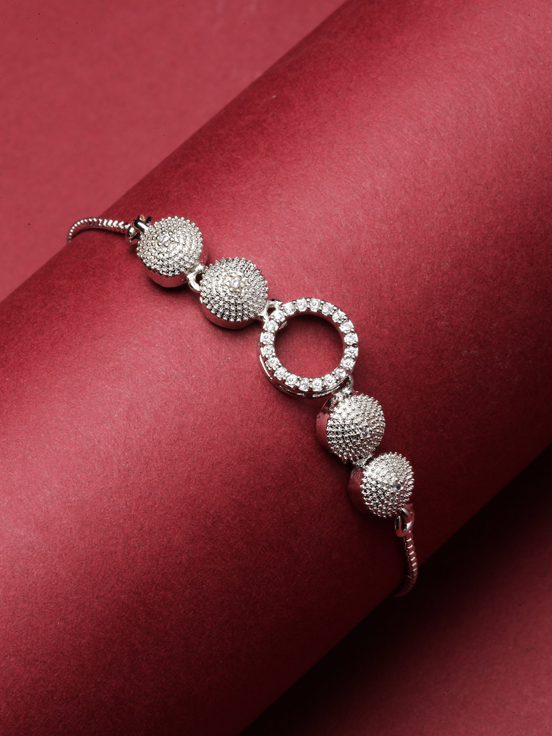 ZENEME Rhodium -Plated Silver Toned Round American Diamond Studded Wraparound Bracelet