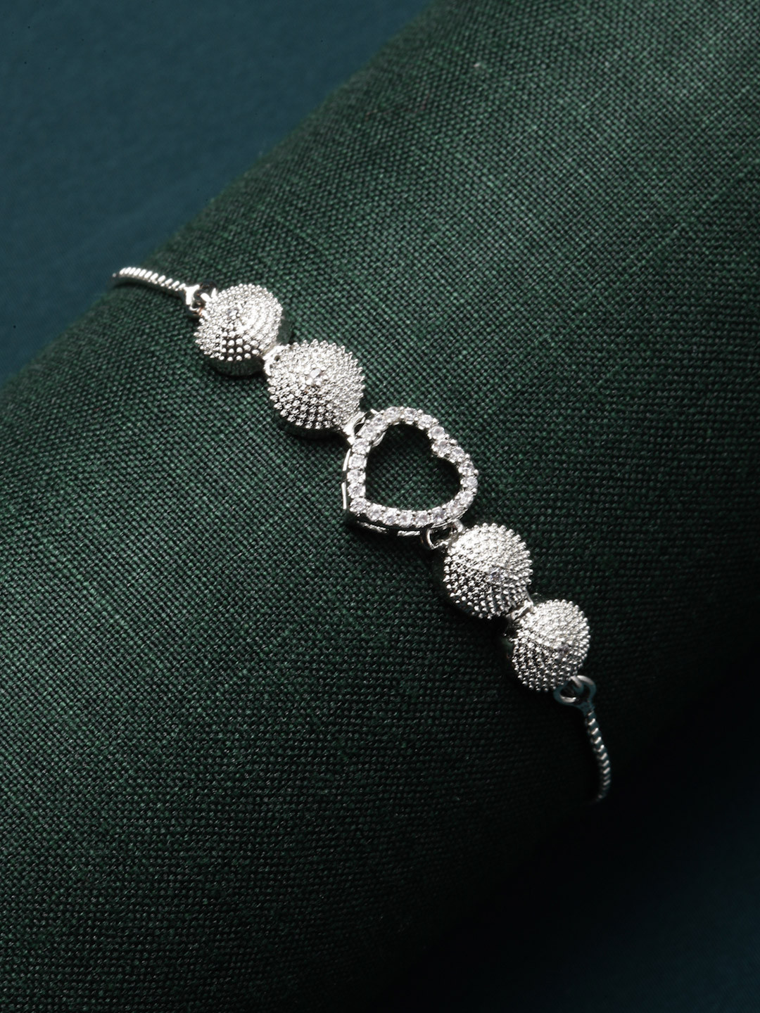 ZENEME Rhodium-Plated Heart Shaped American Diamond Studded Wraparound Bracelet