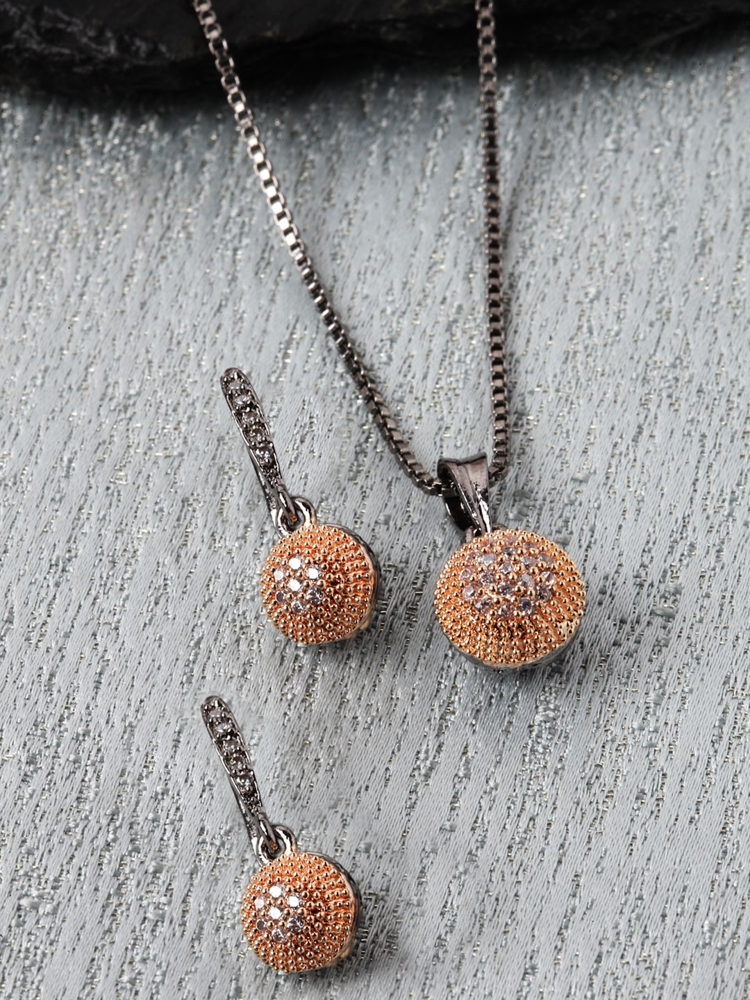 ZENEME Rose Gold Plated Black Toned Round Pendant With Earrings