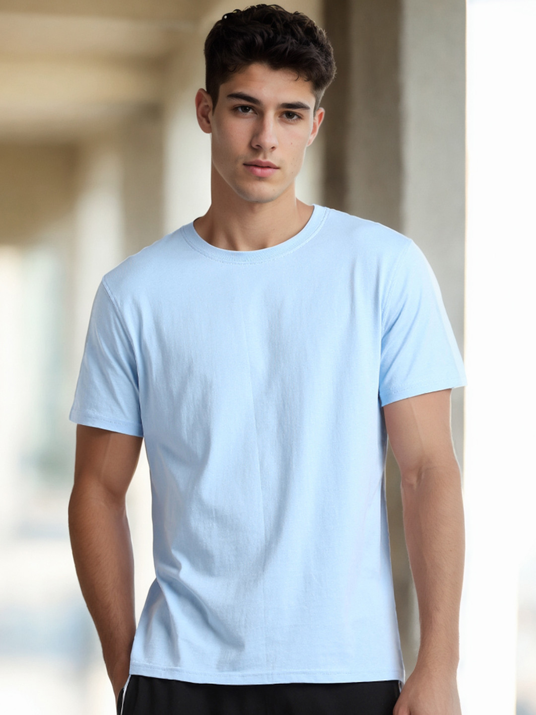 NOBERO Men Casual Classic Crew Tees Powder Blue Cotton Neck T-shirt