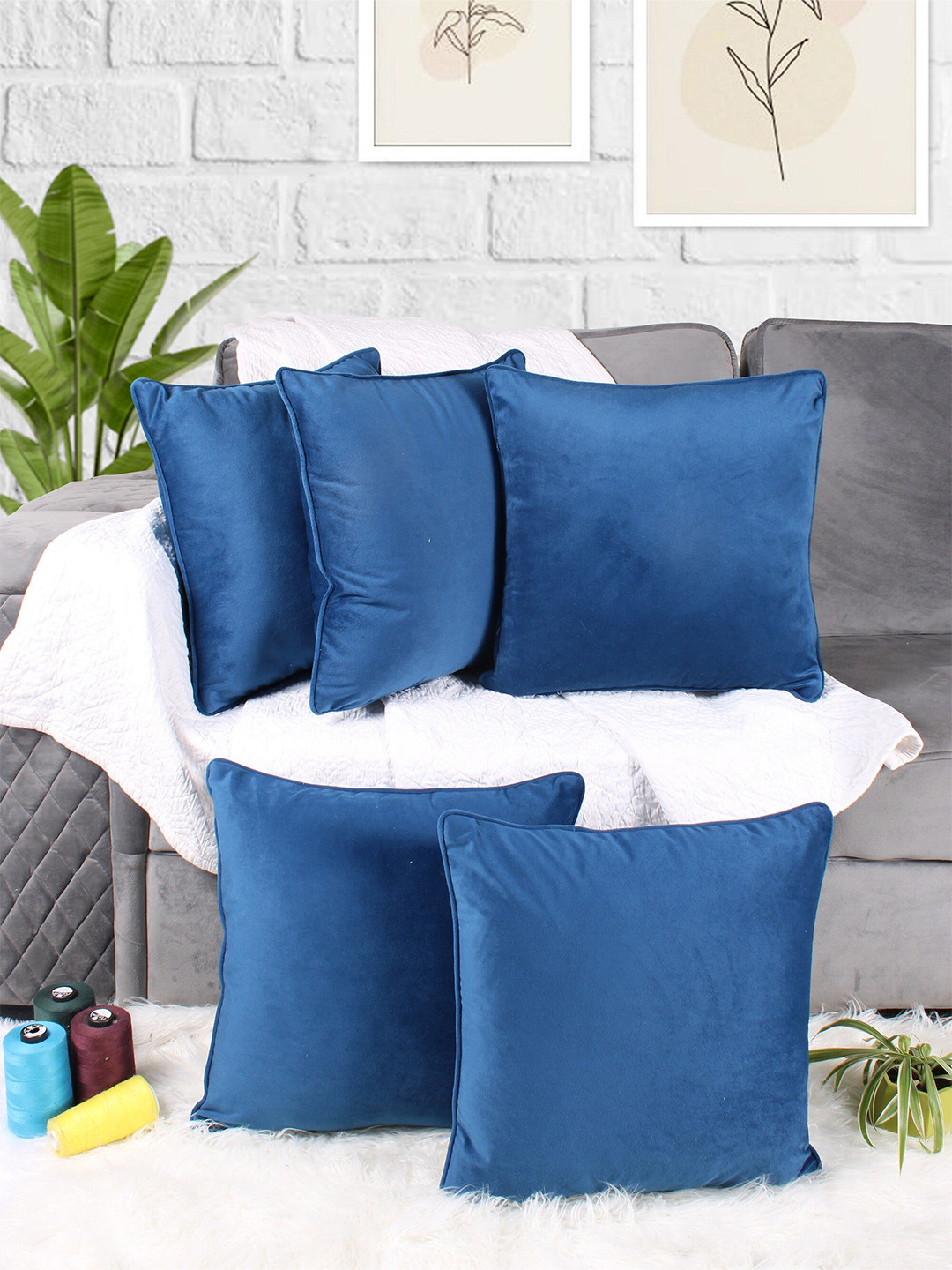 STITCHNEST Blue Velvet Durable 5 Piece Square Cushion Covers -16x16In