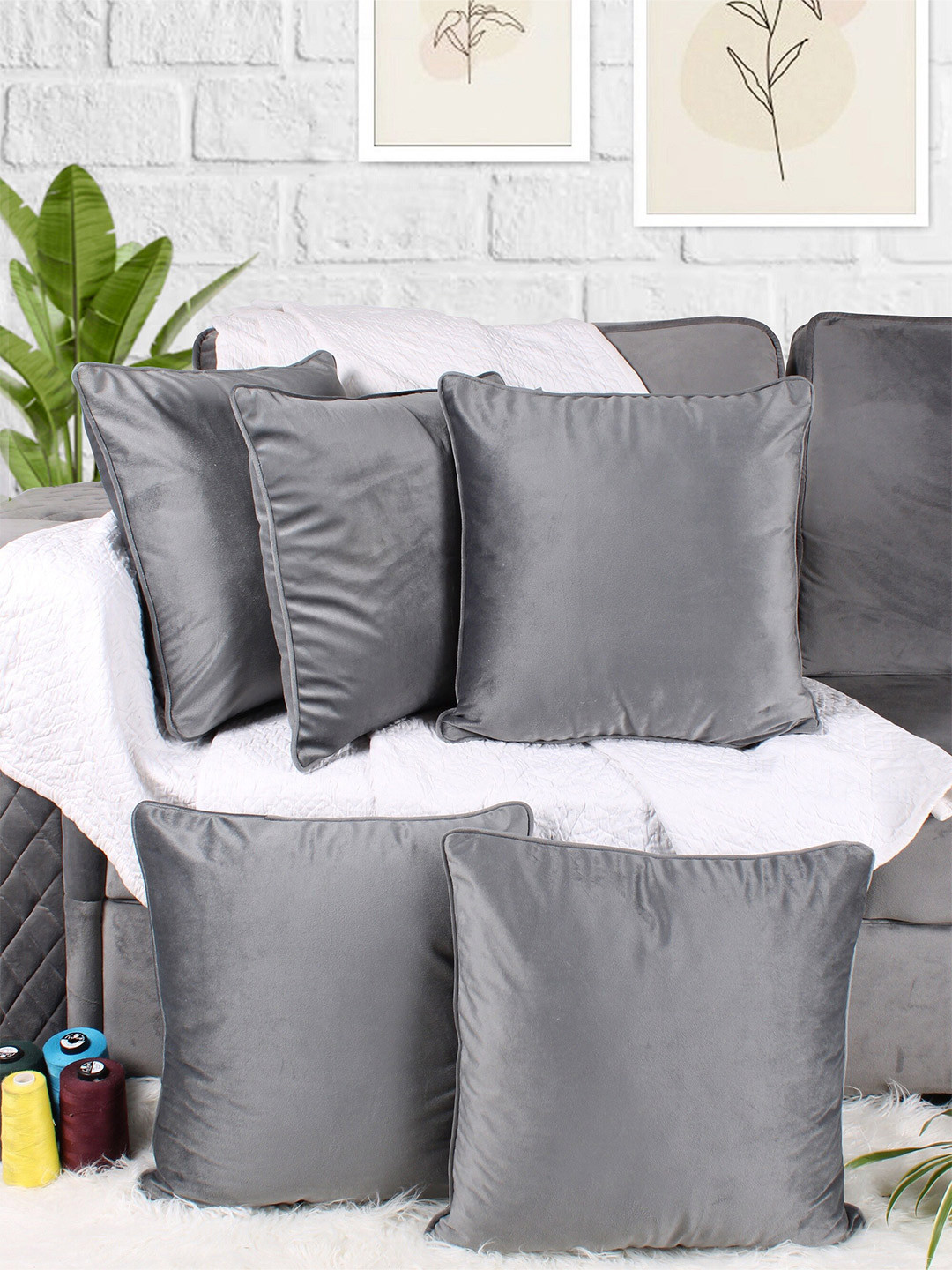 STITCHNEST Set of 5 Grey Velvet Cushion Cover
