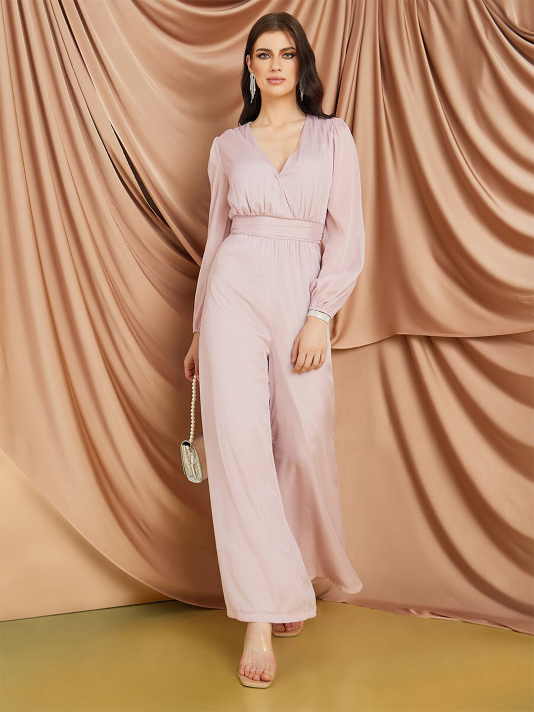Styli Pink V-Neck Basic Jumpsuit