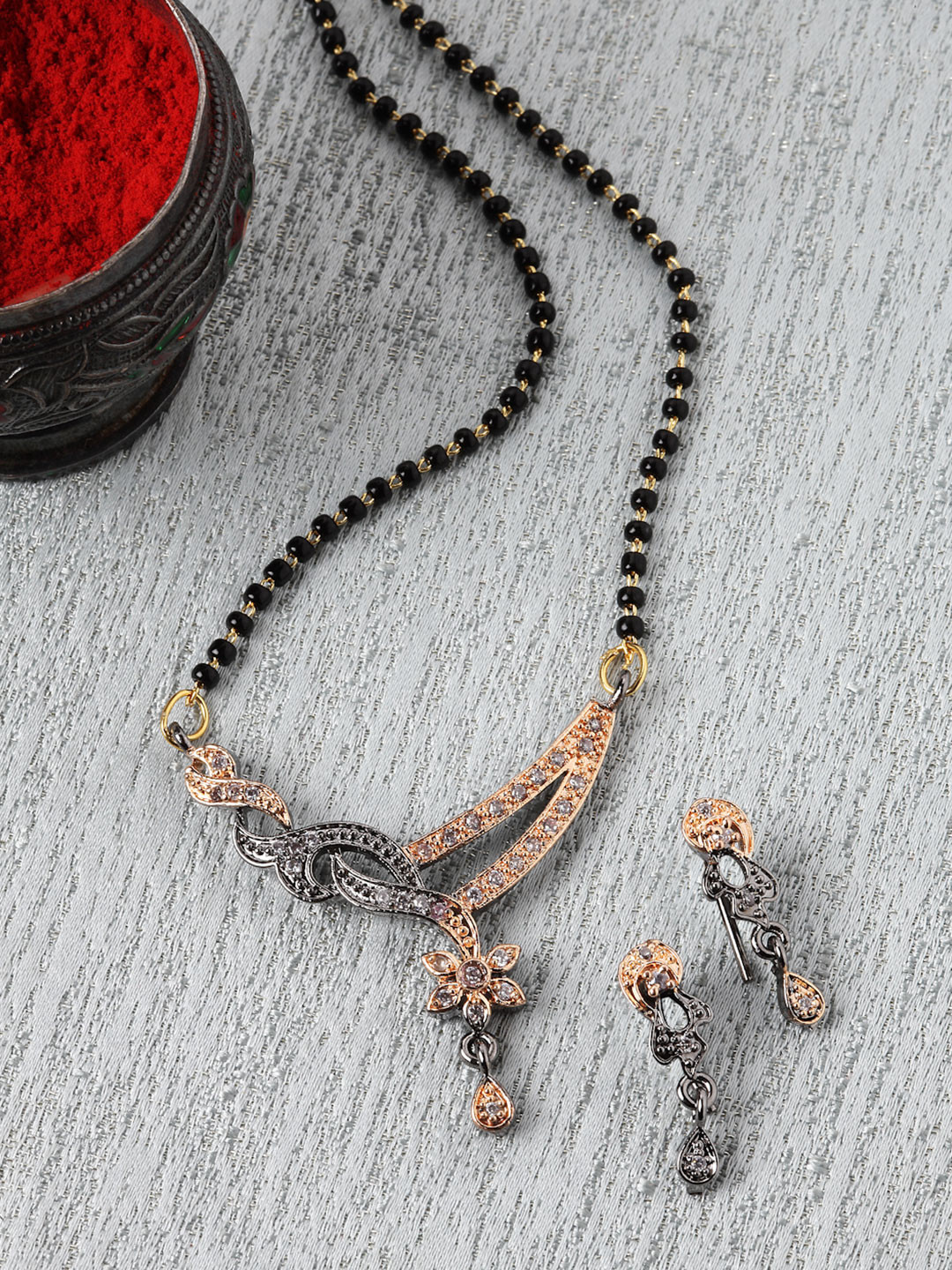 ZENEME Rose Gold-Plated Stones Studded & Beaded Mangalsutra With Earrings Set