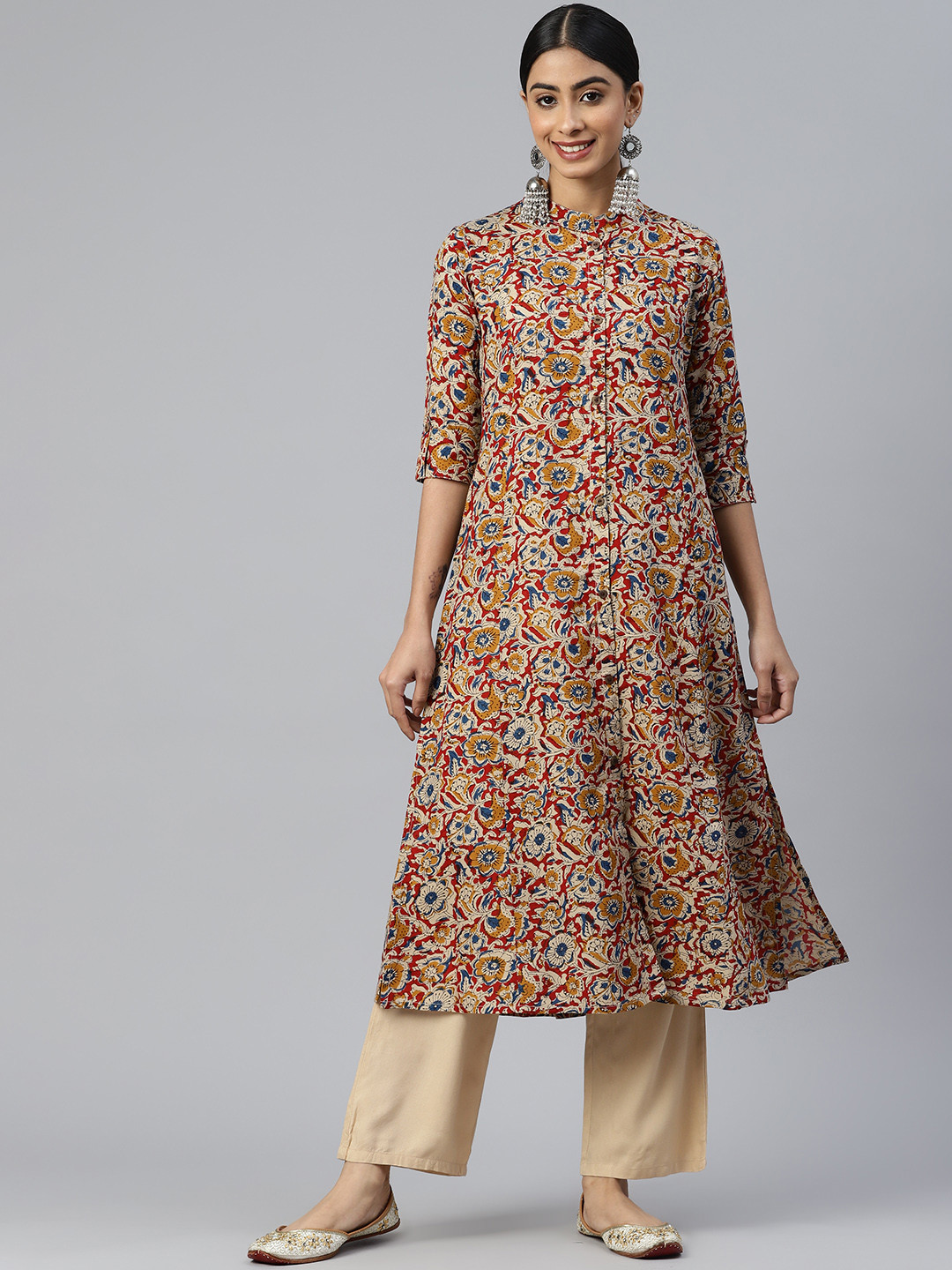 Vbuyz Womens Beige Floral Print Cotton A-Line Kurta