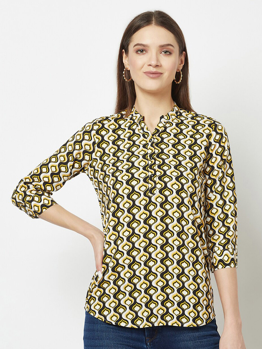 Crimsoune Club Geometric Printed Mandarin Collar Top