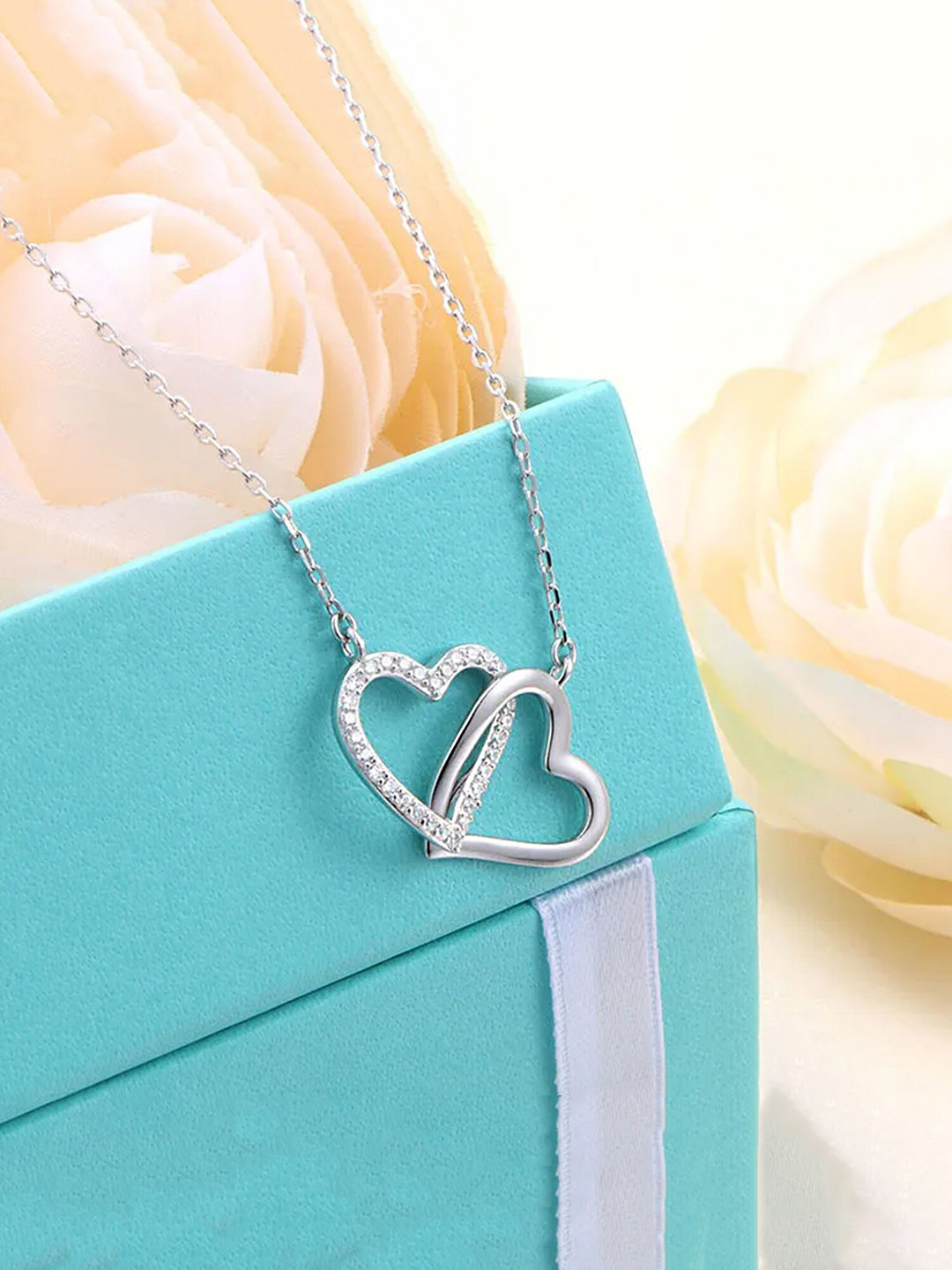 Yellow Chimes Silver-Plated Crystals-Studded Dual Heart Pendant With Chain