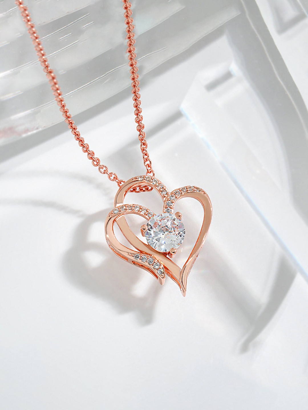 Yellow Chimes Rose Gold-Plated Stone-Studded Dual Heart Pendant With Chain