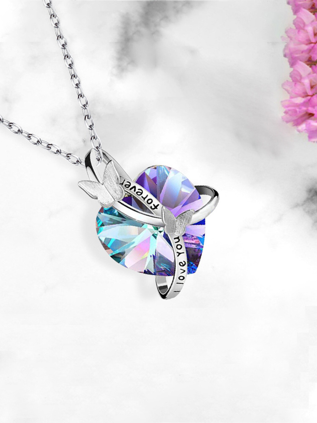 Yellow Chimes Silver-Plated Stone-Studded I LOVE YOU FOREVER Engraved Pendant With Chain