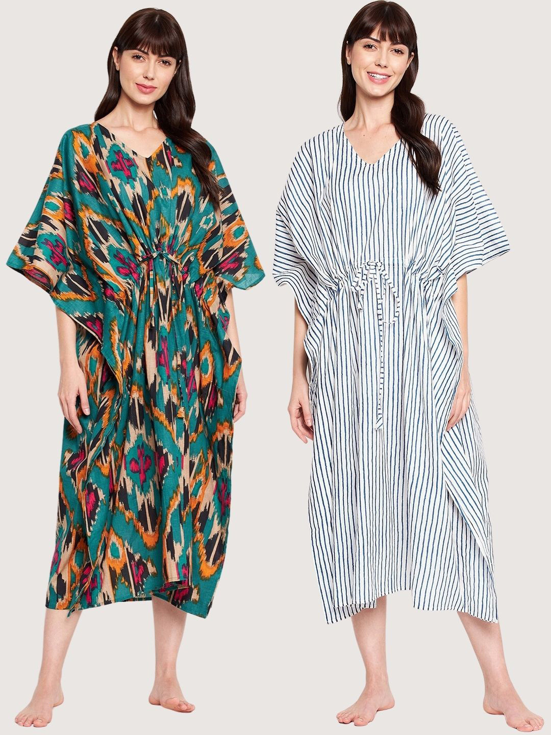 SECRETS BY ZEROKAATA Pack Of 2 Printed Cotton Kaftan Cover Up Dress