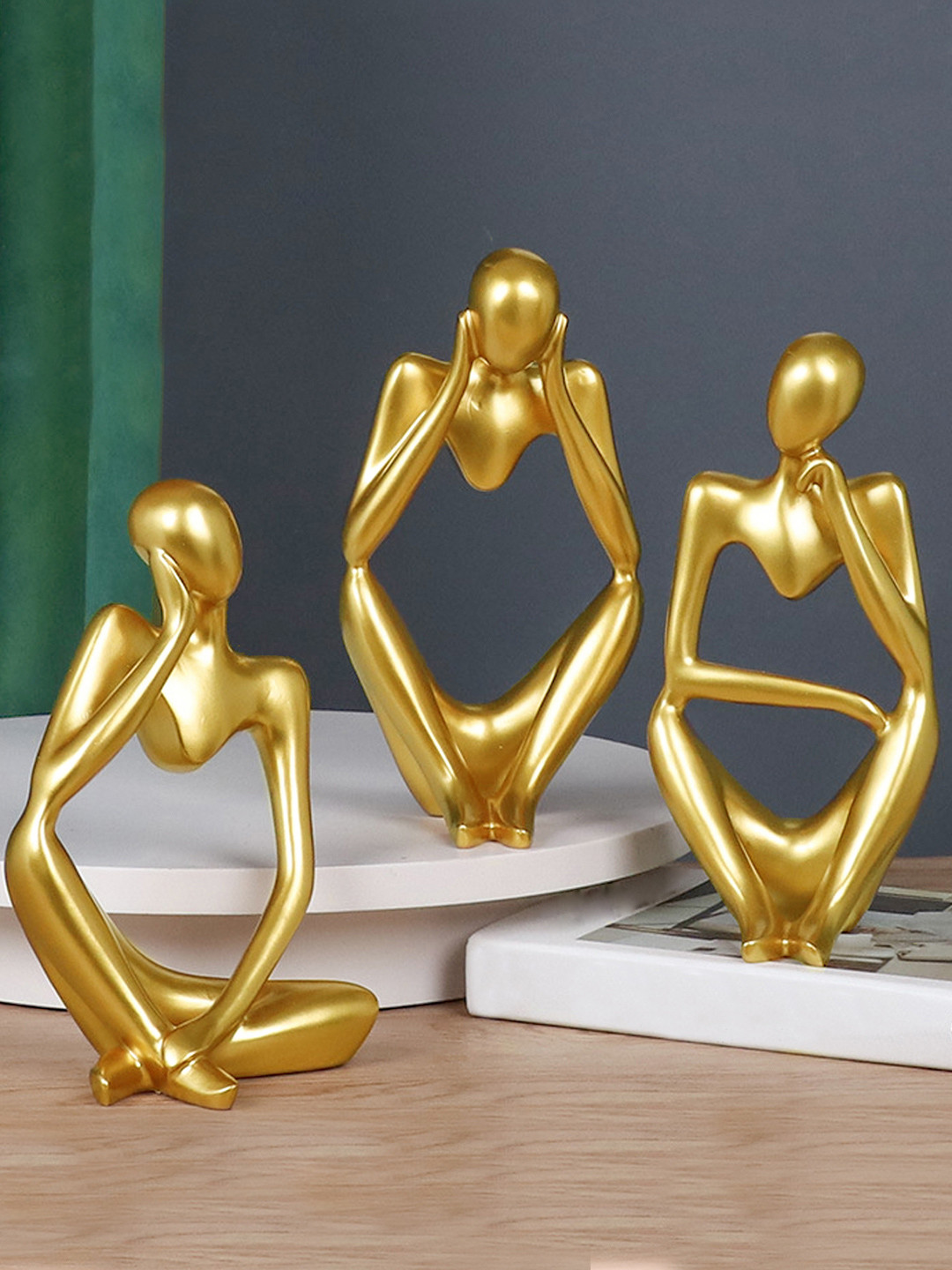 TIED RIBBONS Thinker Man Statue Modern Art Gold Polyresin Natural Living Room Set of 3 Medium Showpieces - 5.1 Inches