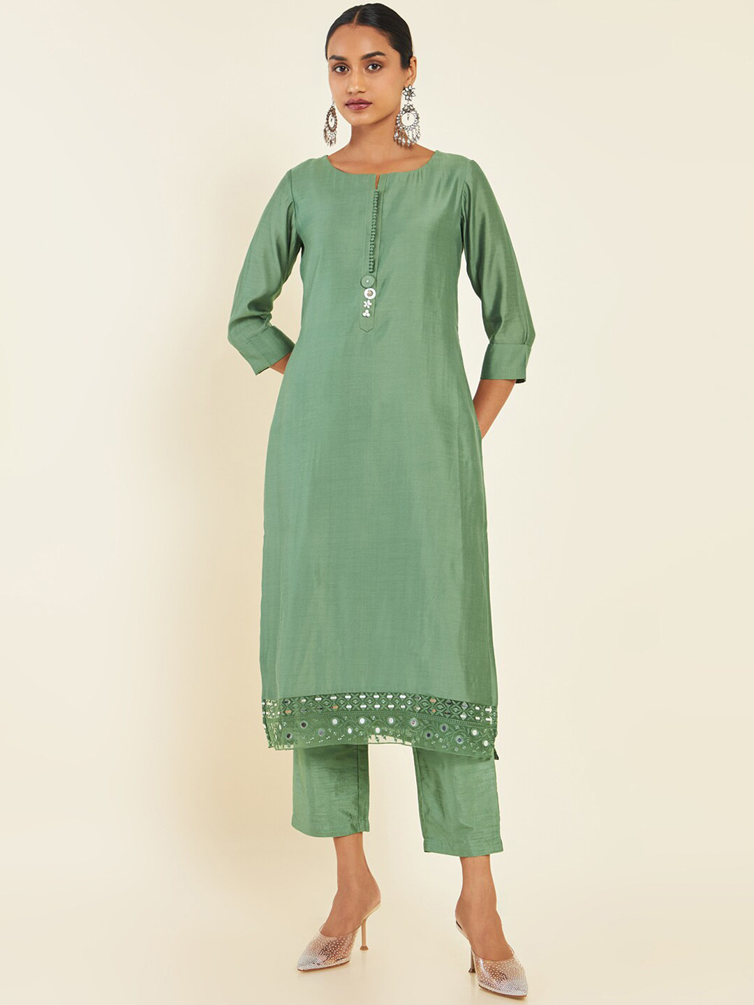 Soch Green Regular Straight Chanderi Silk Kurta With Trousers
