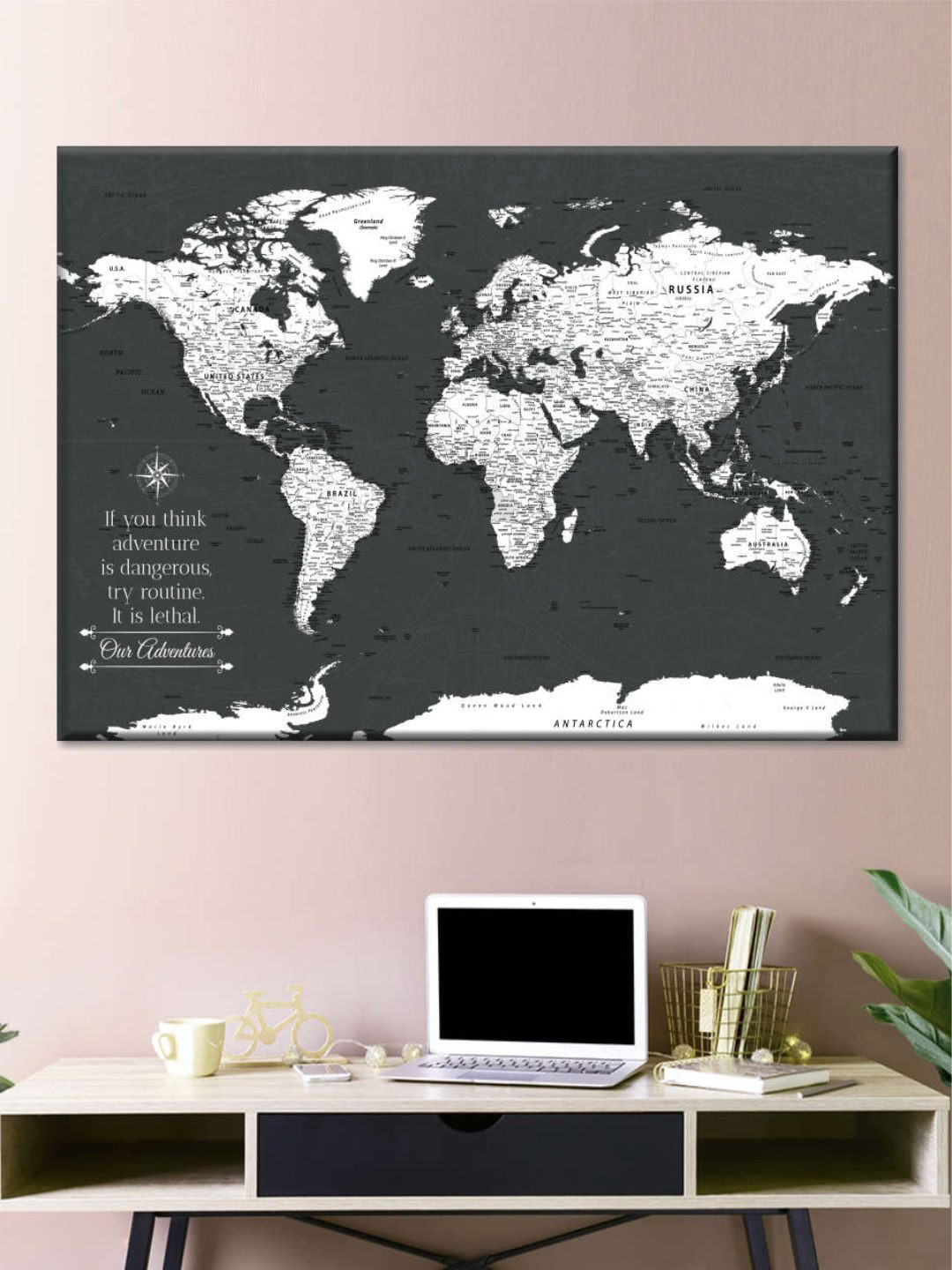 POSTERS AND TRUSS Black & White World Map Printed Framed Wall Art