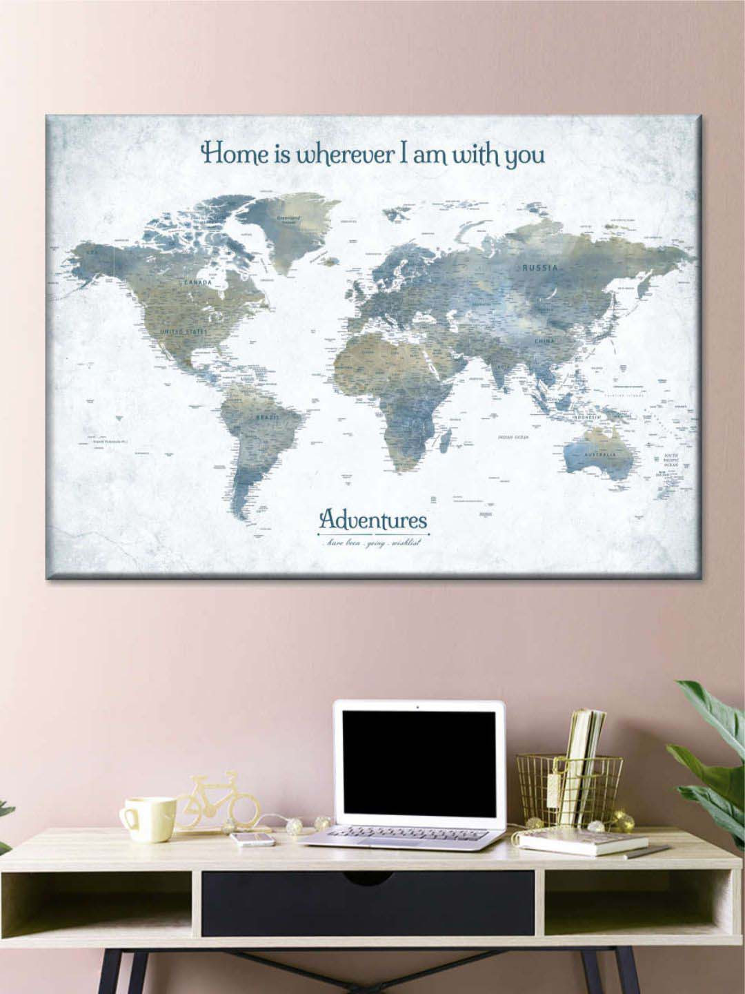 POSTERS AND TRUSS White & Grey World Map Painted Wall Art