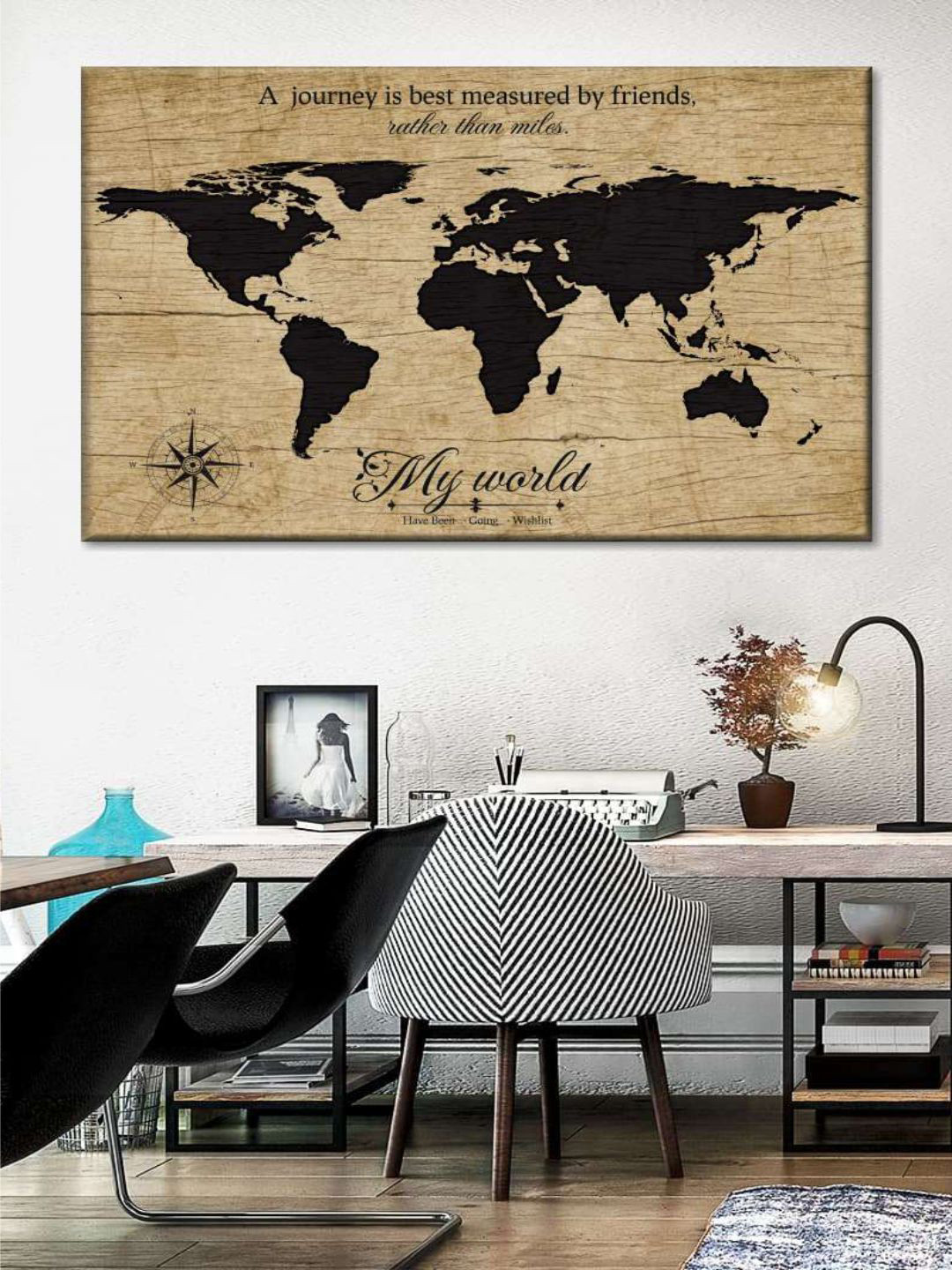 POSTERS AND TRUSS Black & Beige-Colored World Map Wall Art