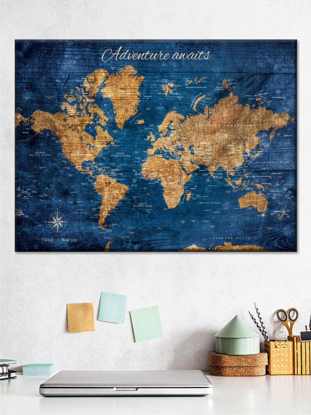 POSTERS AND TRUSS Blue & Golden colored World Map Painting Wall Art