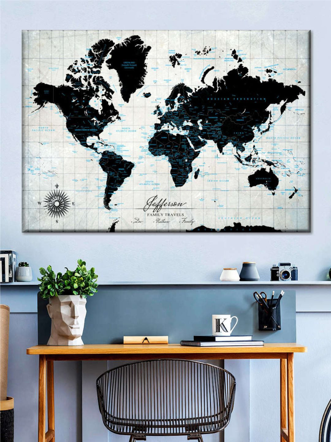 POSTERS AND TRUSS Off White & Black World Map Printed Wall Art