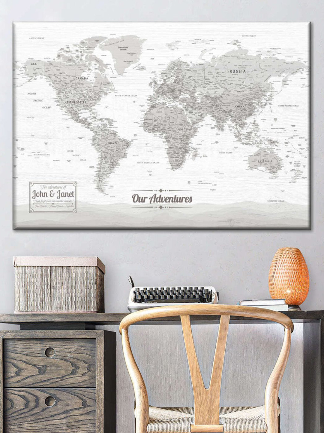 POSTERS AND TRUSS Grey & White World Map Printed Framed Wall Art