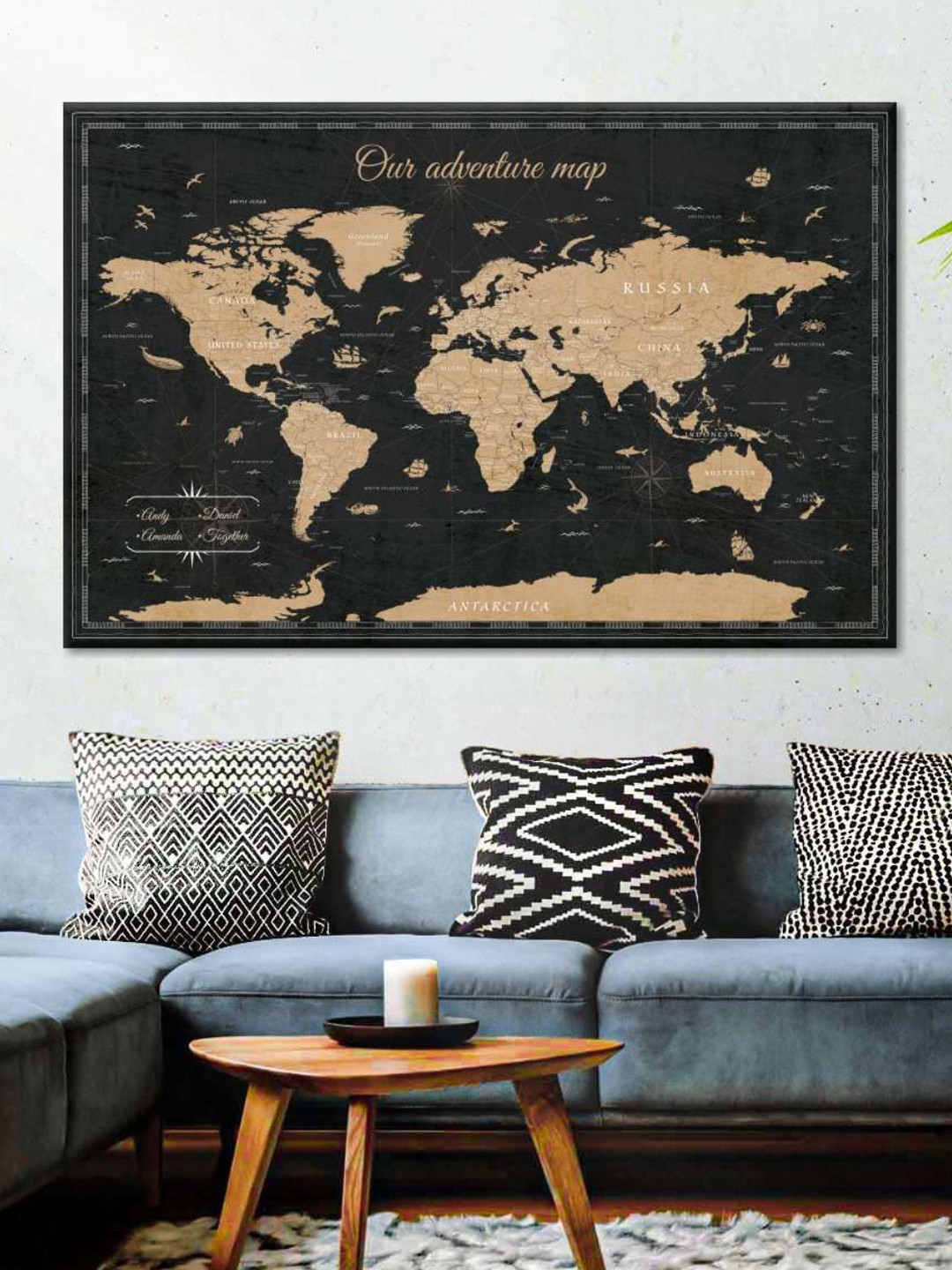 POSTERS AND TRUSS Black & Brown World Map Printed Wall Art