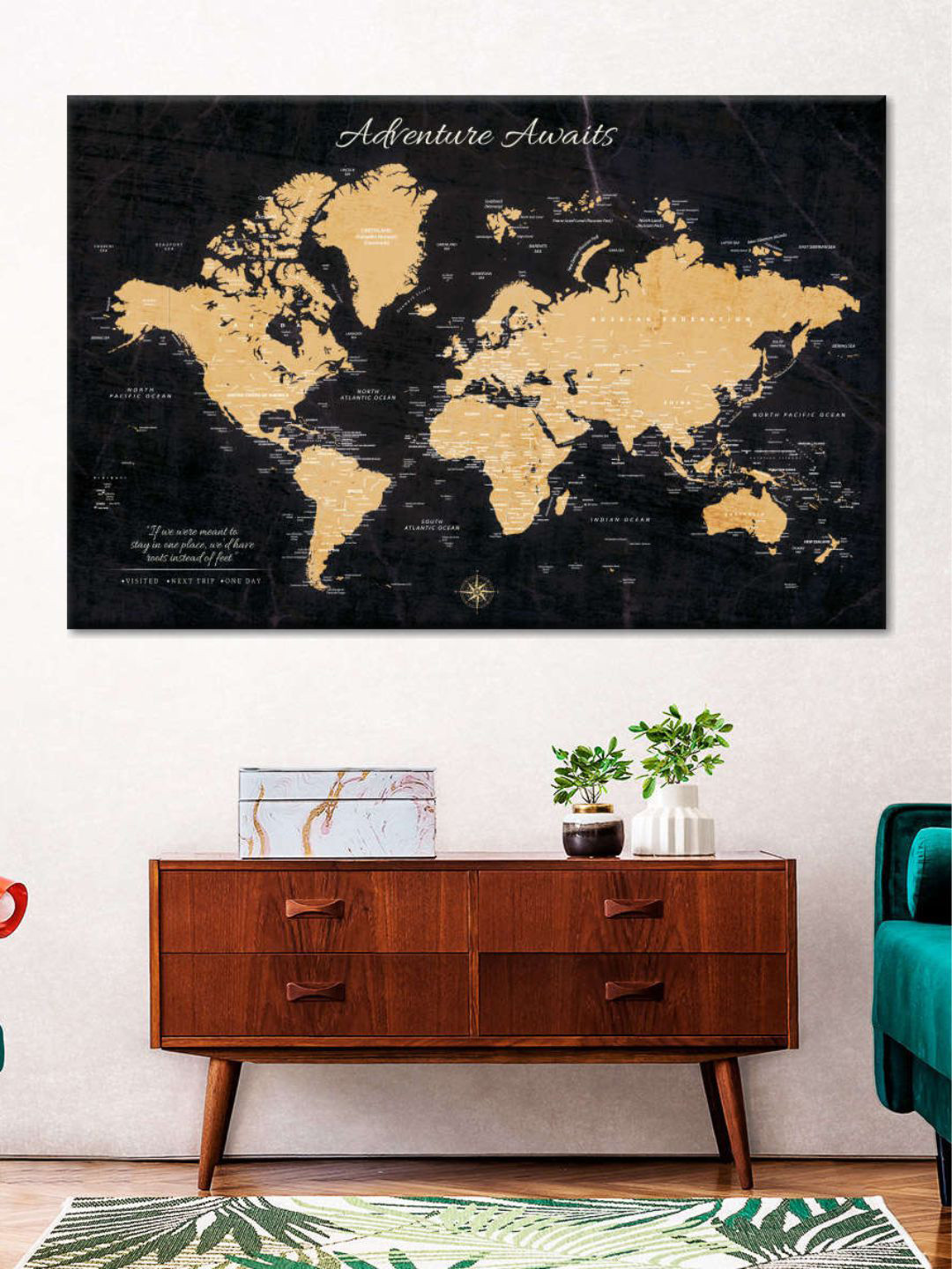 POSTERS AND TRUSS Black & Beige World Map Printed Wall Art