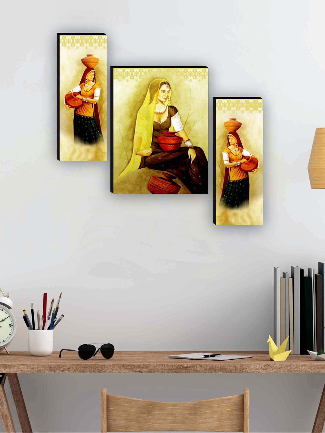 SAF Yellow & Brown 3 Pieces Traditional Rajasthani Ladies Painting Wall Art