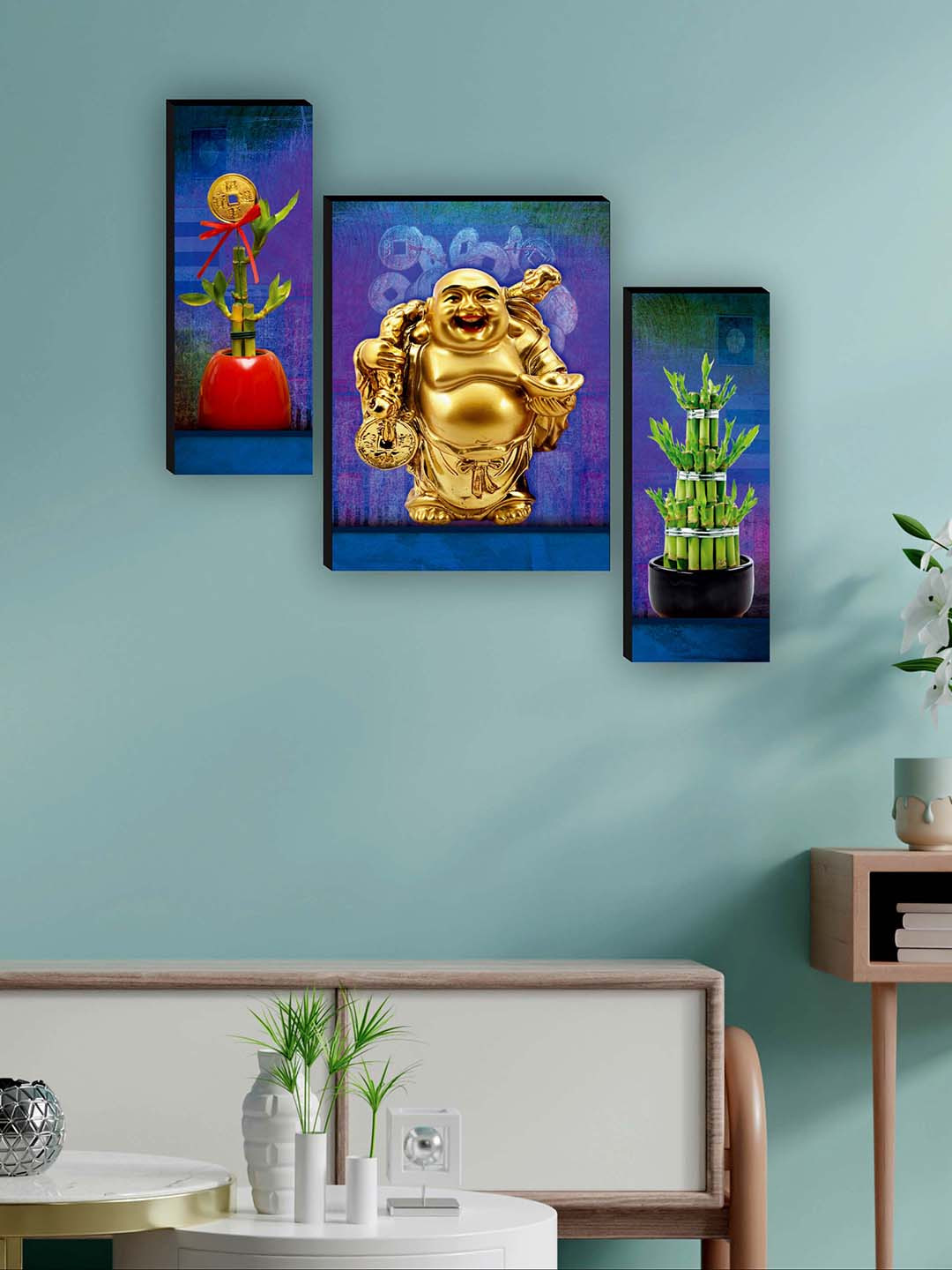 SAF Blue & Gold Colored 3 Pieces Laughing Buddha Painting Wall Art
