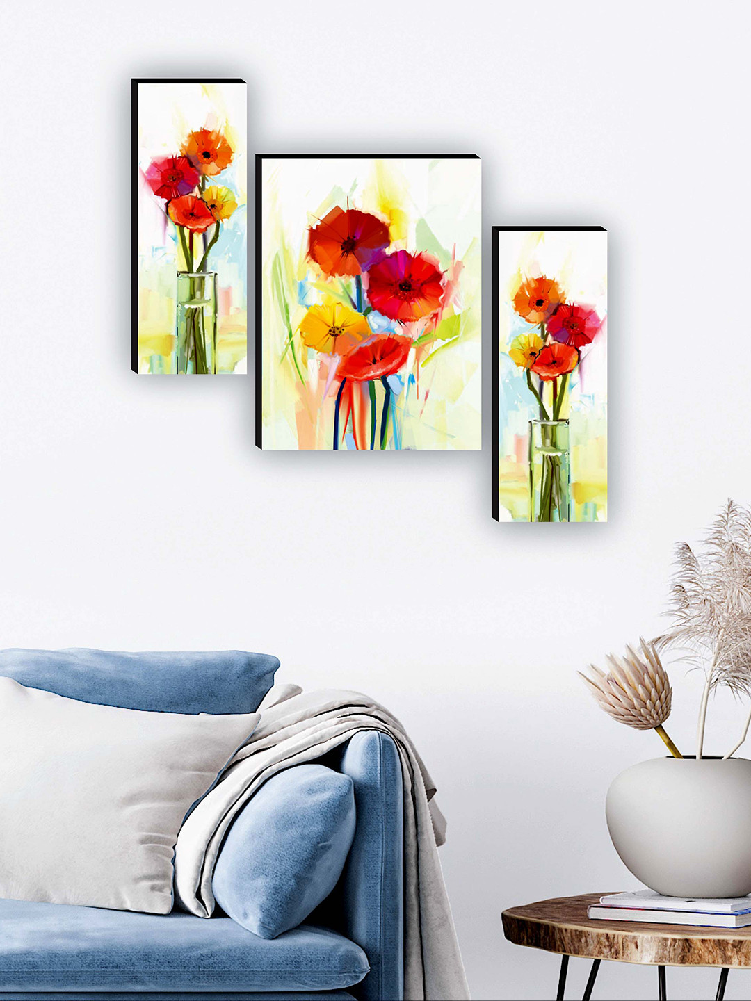 SAF Green & Red 3 Pieces Flower Pot UV Textured Paintings Wall Art