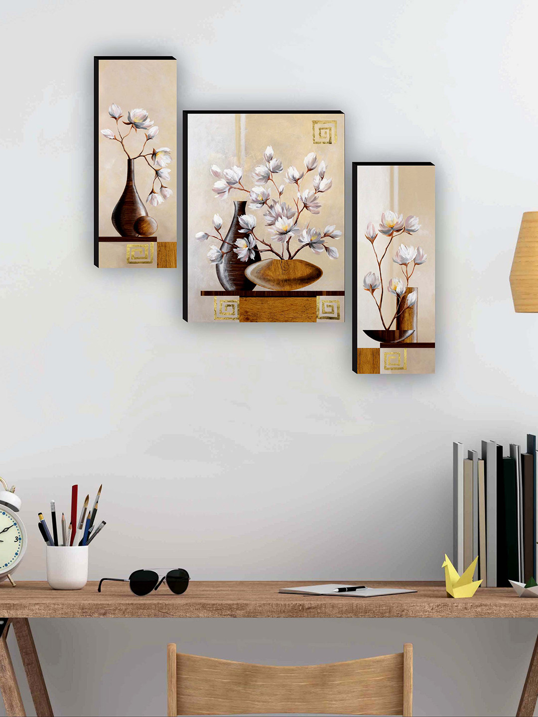 SAF White & Brown 3 Pieces Flower Pot Painting Framed Wall Art