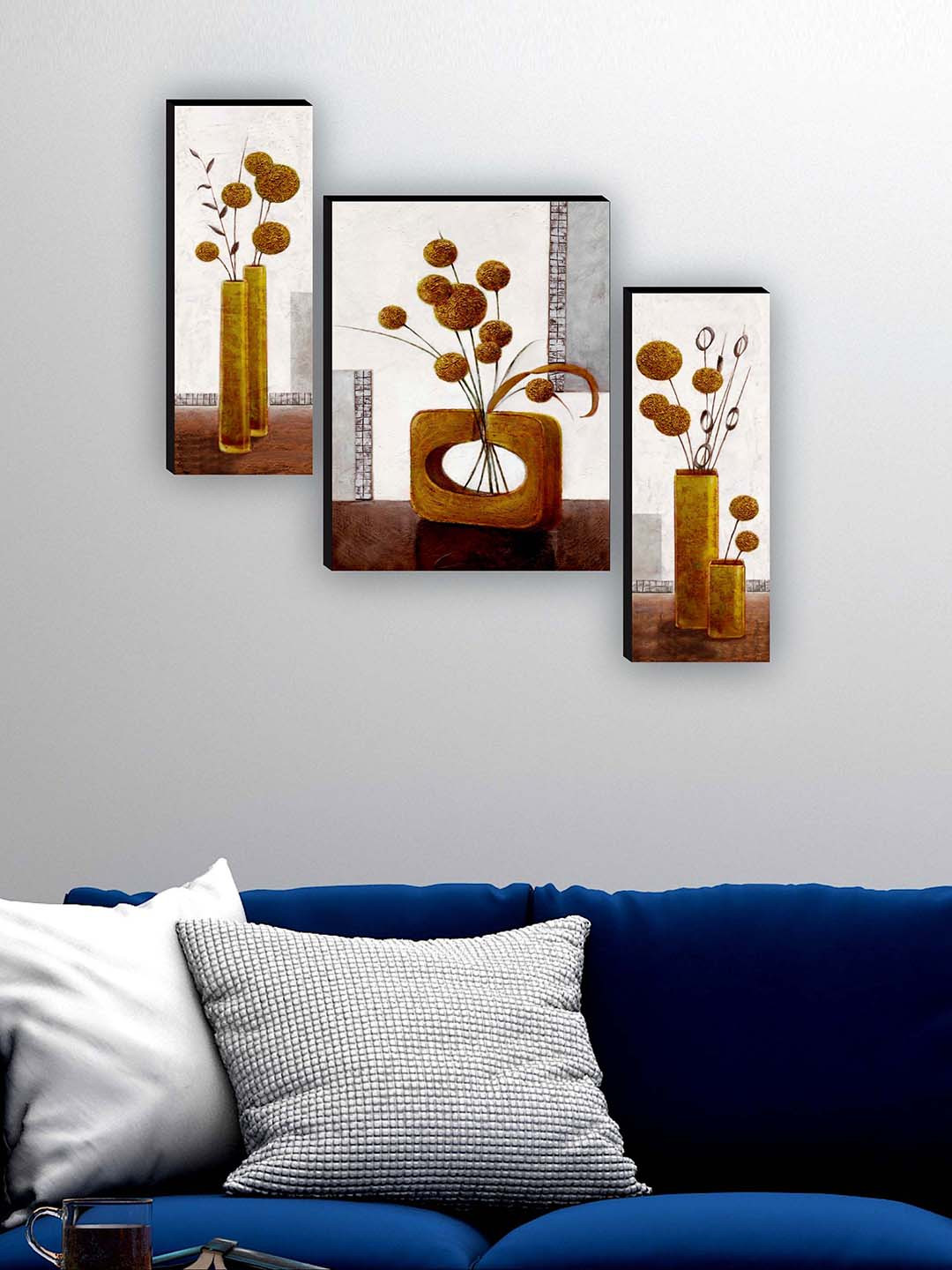 SAF Brown & Cream 3 Pieces Flower Pot Painting Wall Art