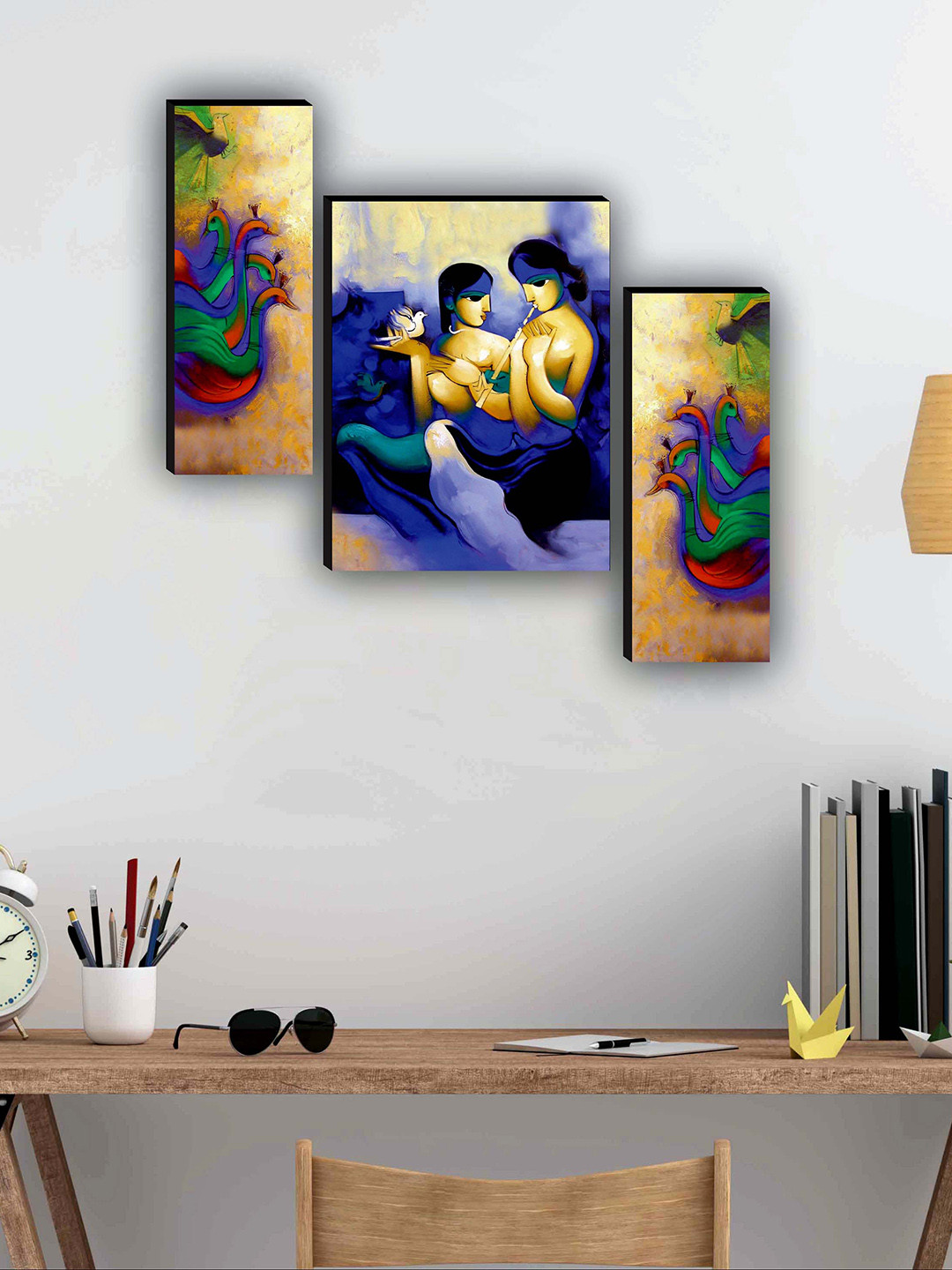 SAF Blue & Beige 3 Pieces Radha Krishna Modern Art Painting Framed Wall Art