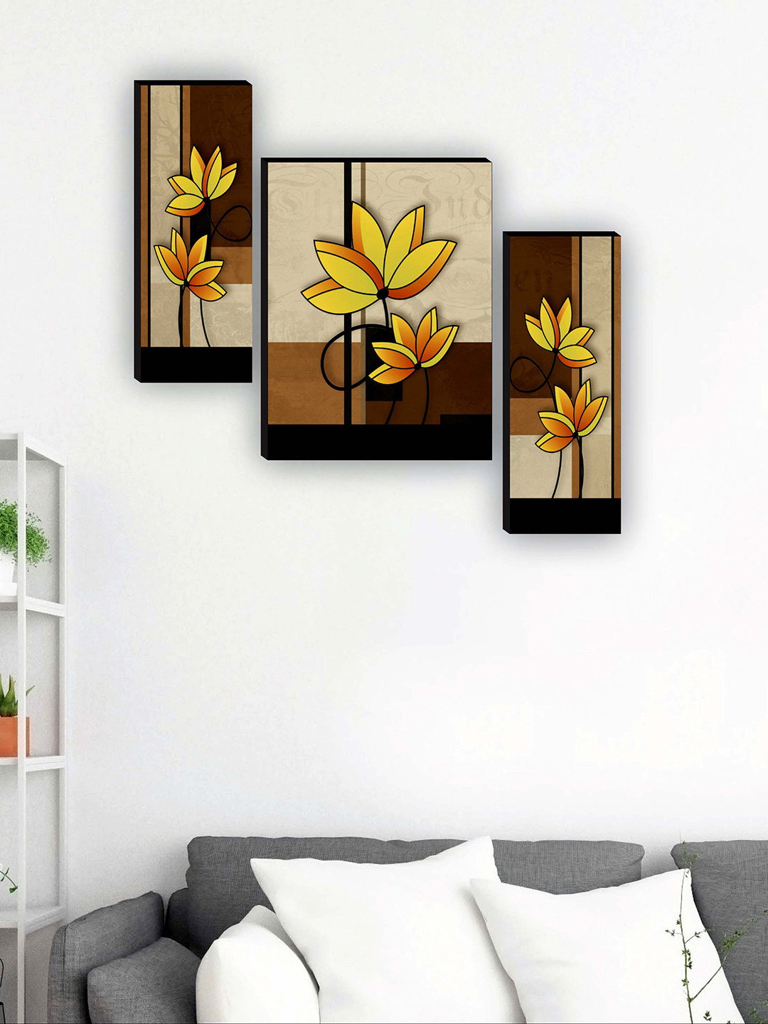 SAF Brown & Yellow 3 Pieces Pretty Flower Printed UV Textured Framed Painting Wall Art