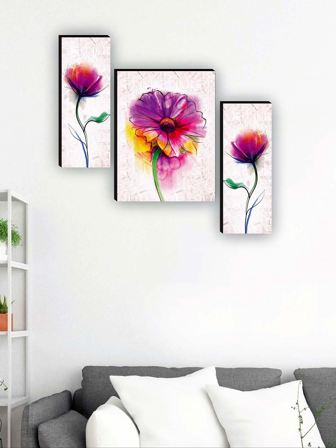SAF Purple & Pink 3 Pieces Preety Flower Paintings Framed Wall Art