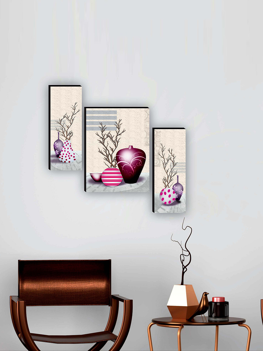 SAF Cream Coloured & Burgundy 3 Pieces Flower Pot Painting UV Textured Framed Wall Art