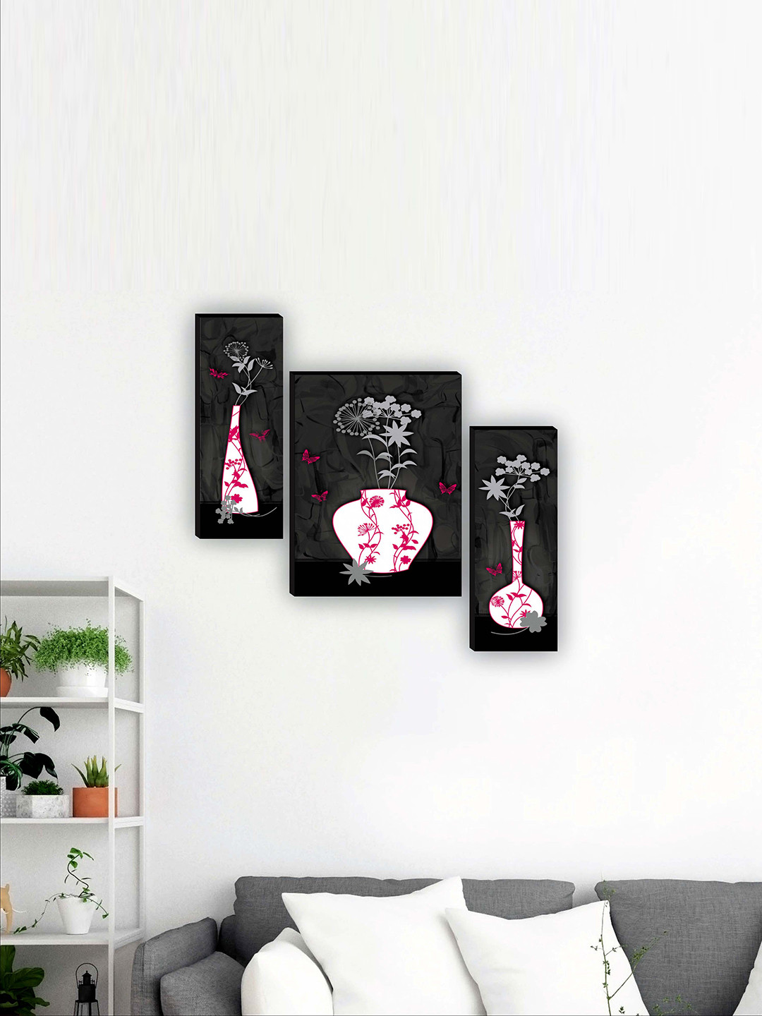 SAF Black & White 3 Pieces Flower Pot Painting Framed Wall Art