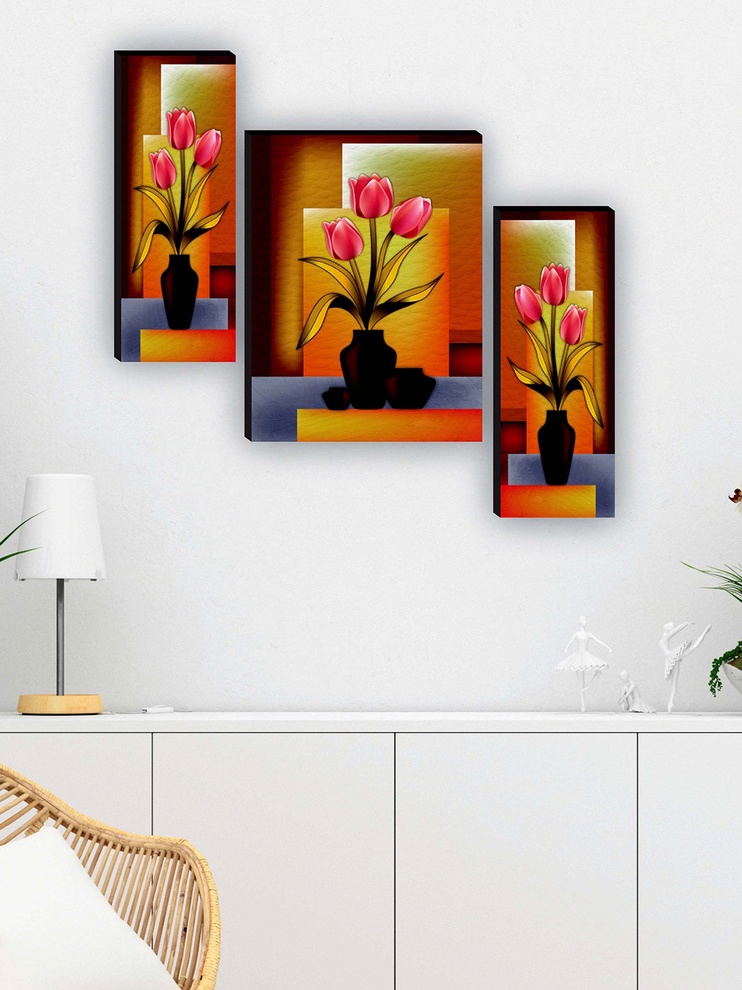 SAF Green & Brown 3 Pieces Flower Pot UV Textured Painting Framed Wall Art
