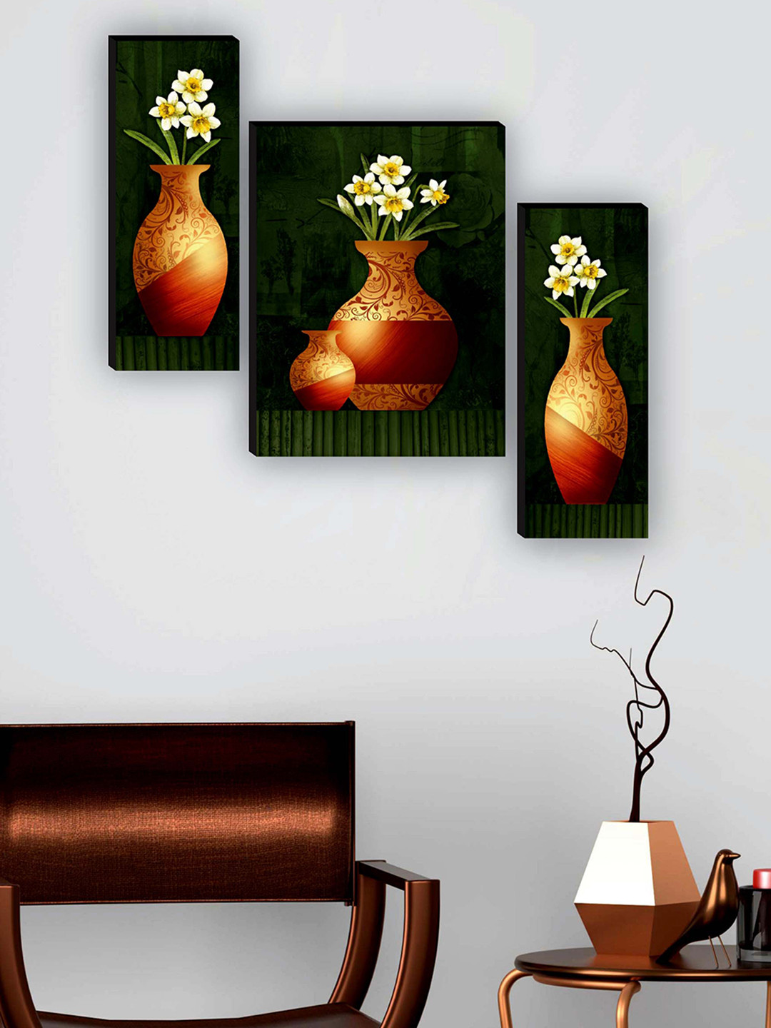 SAF Green & Mustard Yellow 3 Pieces Flower Pot Painting UV Textured Framed Wall Art