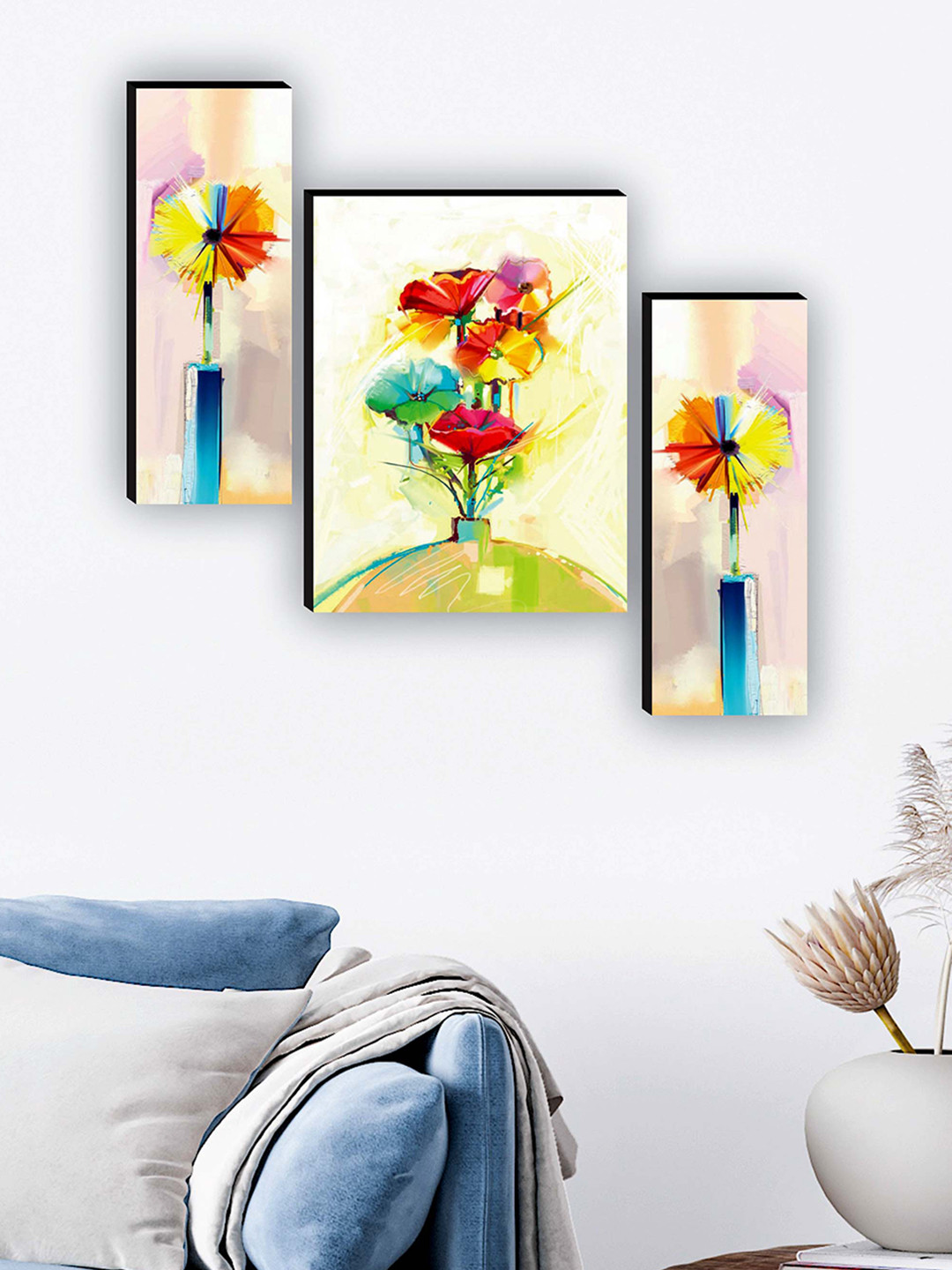 SAF Blue & Red 3 Pieces Flower Pot UV Textured Paintings Wall Art