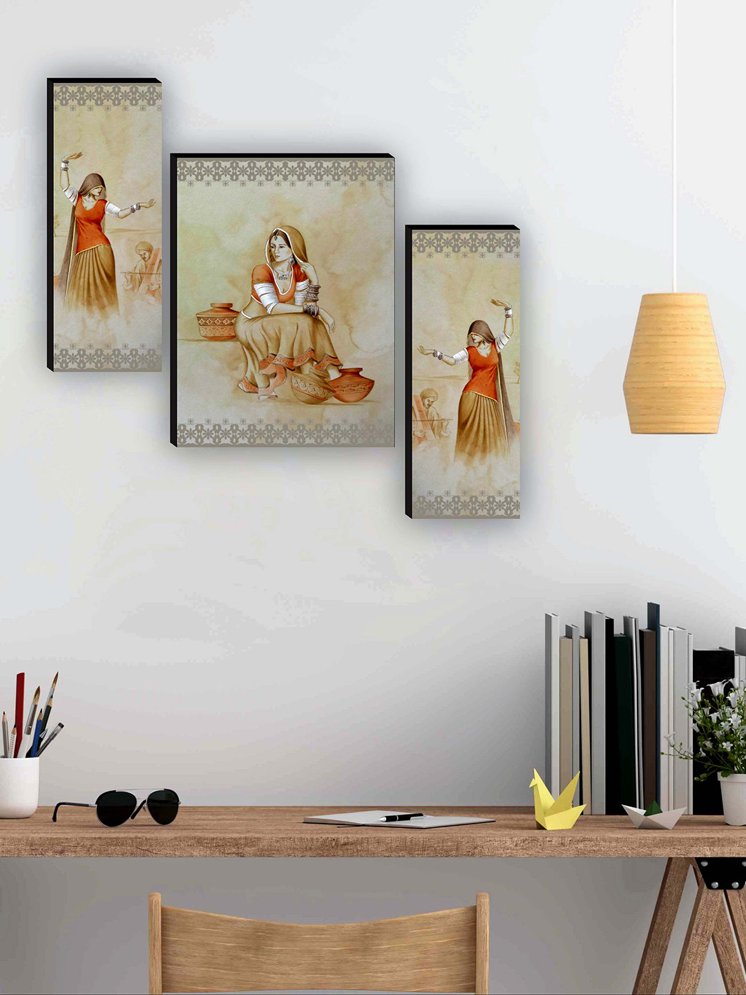 SAF Beige & Brown 3 Pieces Traditional Rajasthani Ladies Painting Framed Wall Art