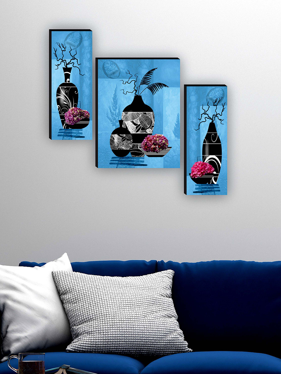 SAF Blue & Black 3 Pieces Flower Pot Printed UV Textured Framed Wall Art