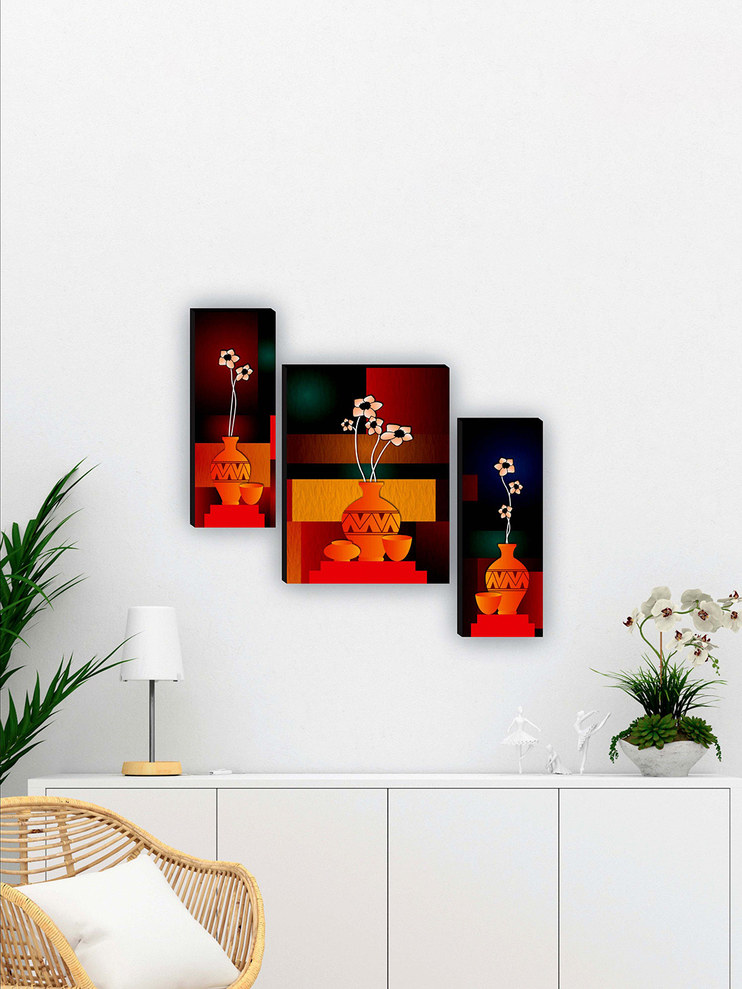 SAF Orange Colored & Red 3 Pieces Flower Pot UV Textured Paintings Wall Art